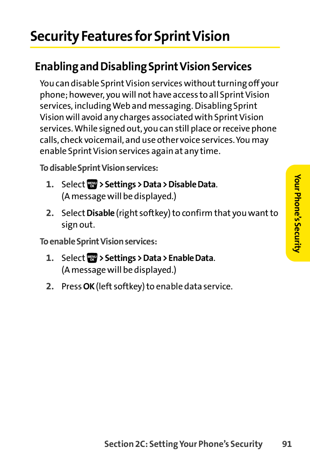 Sanyo SCP-3200 manual Security Features for SprintVision, Enabling and Disabling SprintVision Services 