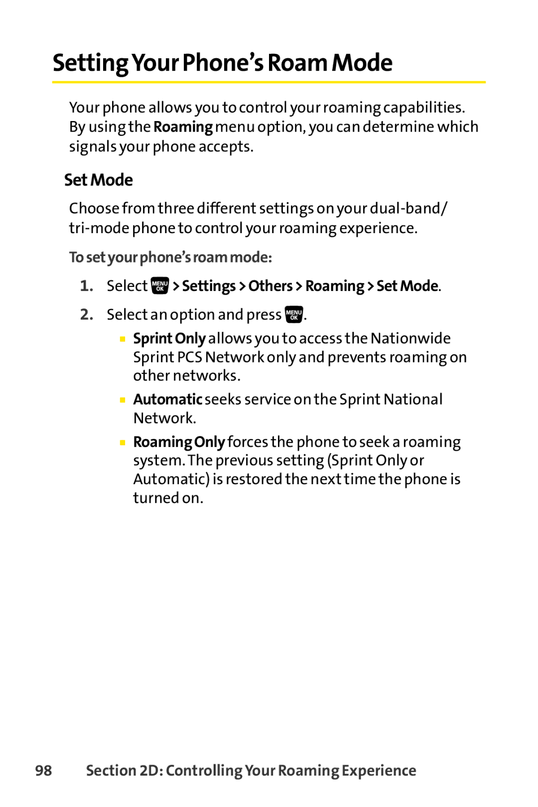 Sanyo SCP-3200 SettingYour Phone’s Roam Mode, Set Mode, Tosetyourphone’sroammode, Select SettingsOthersRoamingSetMode 