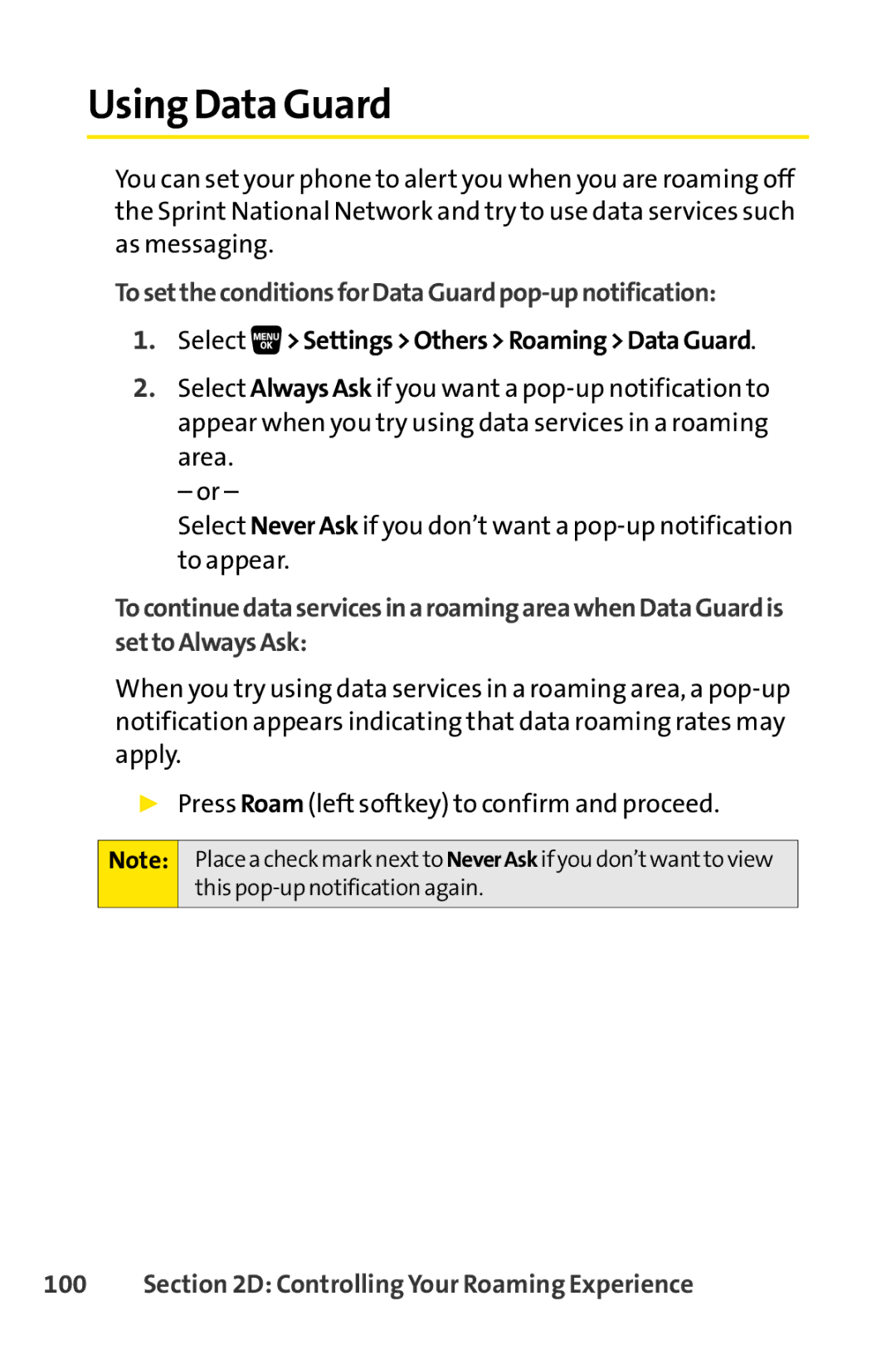 Sanyo SCP-3200 Using Data Guard, TosettheconditionsforDataGuardpop-upnotification, Select SettingsOthersRoamingDataGuard 