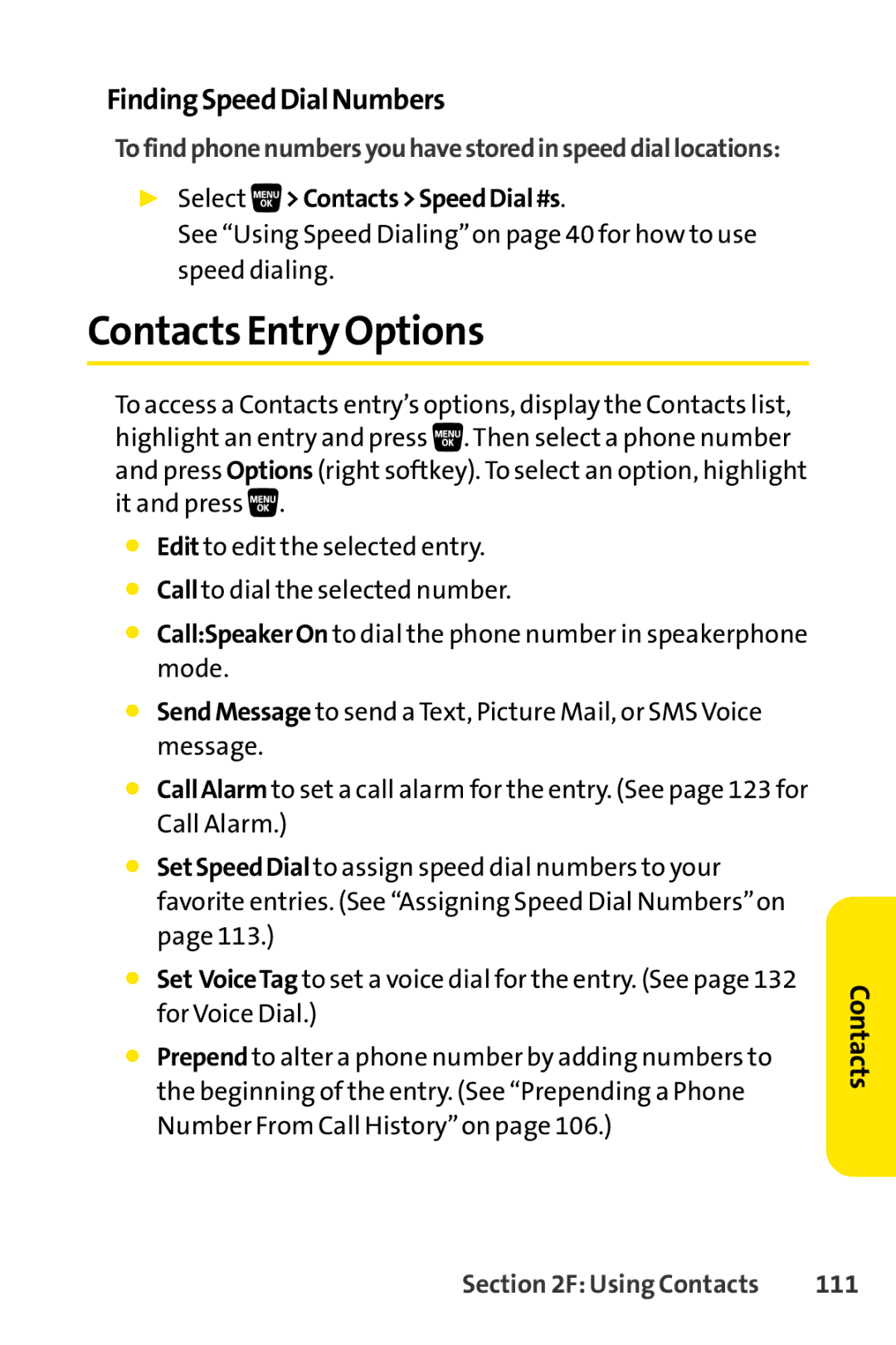 Sanyo SCP-3200 manual Contacts Entry Options, FindingSpeedDialNumbers, Select ContactsSpeedDial#s, 111 