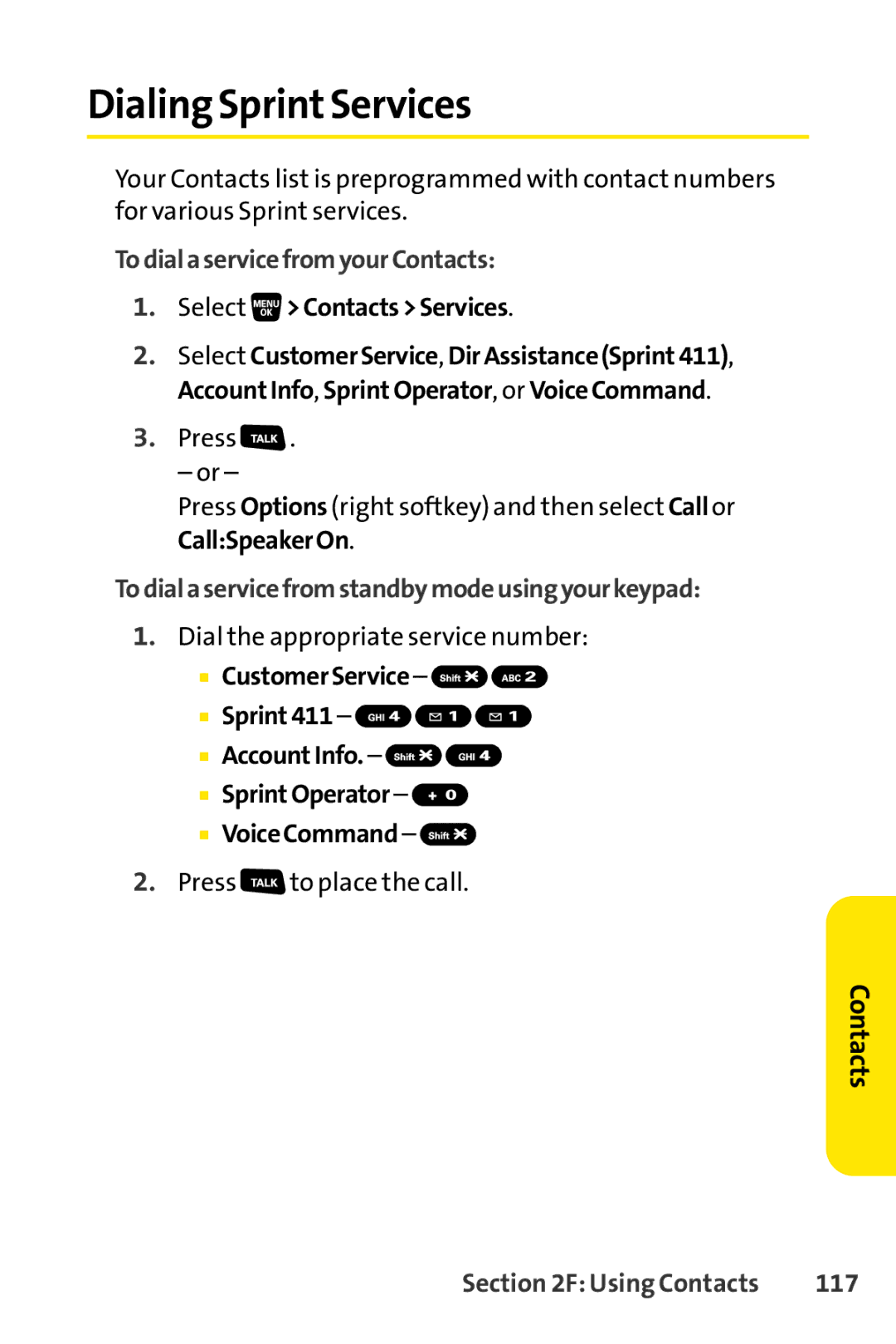 Sanyo SCP-3200 Dialing SprintServices, TodialaservicefromyourContacts, Todialaservicefromstandbymodeusingyourkeypad, 117 