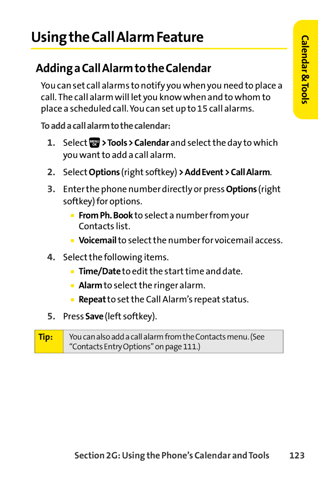 Sanyo SCP-3200 manual Using the Call Alarm Feature, Adding a Call Alarm to the Calendar, Toaddacallalarmtothecalendar, 123 