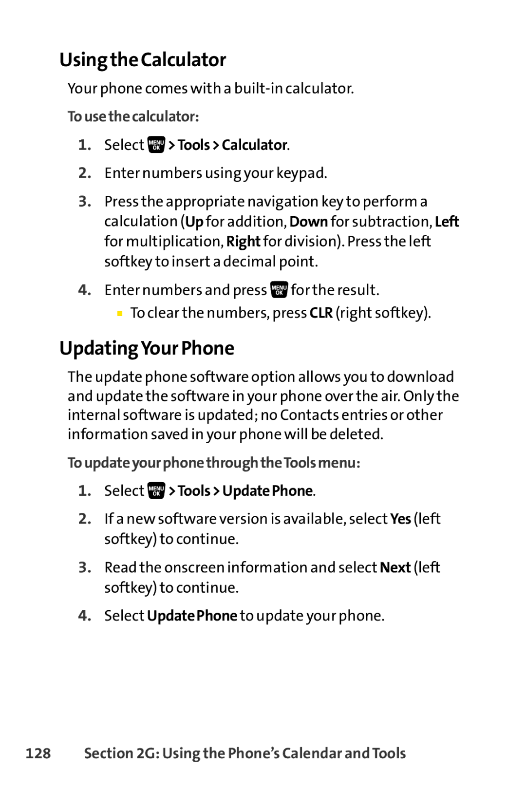 Sanyo SCP-3200 manual Using the Calculator, UpdatingYour Phone, Tousethecalculator, ToupdateyourphonethroughtheToolsmenu 