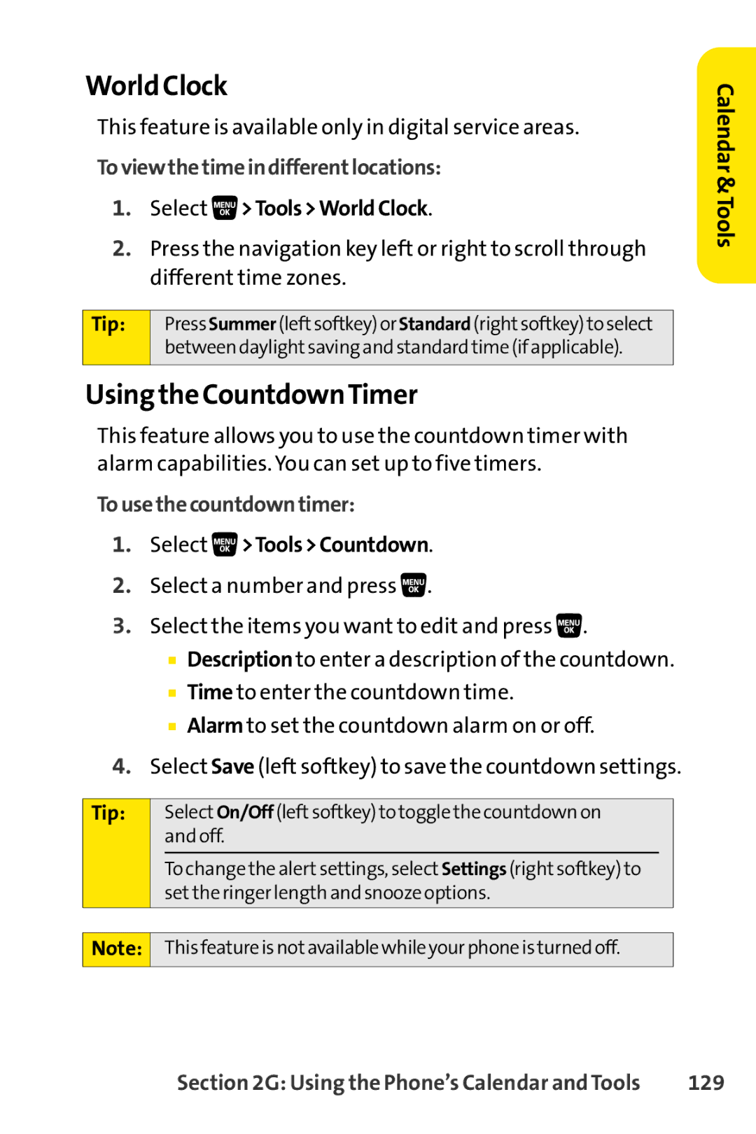 Sanyo SCP-3200 manual World Clock, Using the CountdownTimer, Toviewthetimeindifferentlocations, Tousethecountdowntimer, 129 