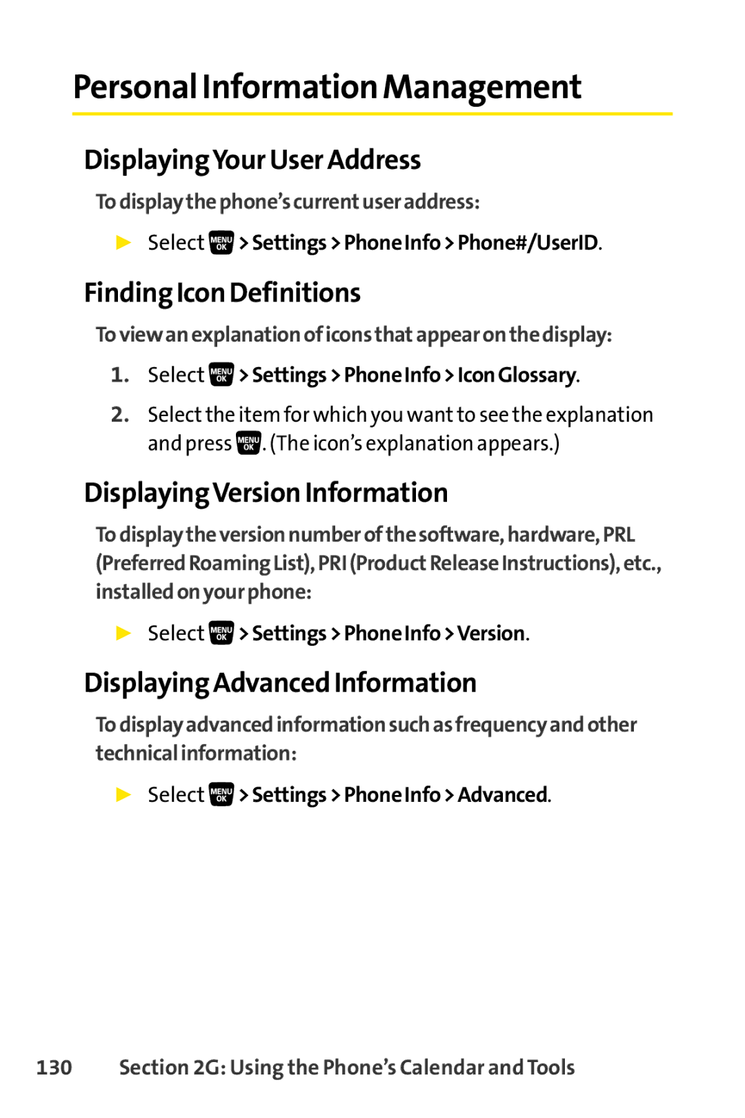 Sanyo SCP-3200 manual Personal Information Management, DisplayingYour User Address, Finding Icon Definitions 