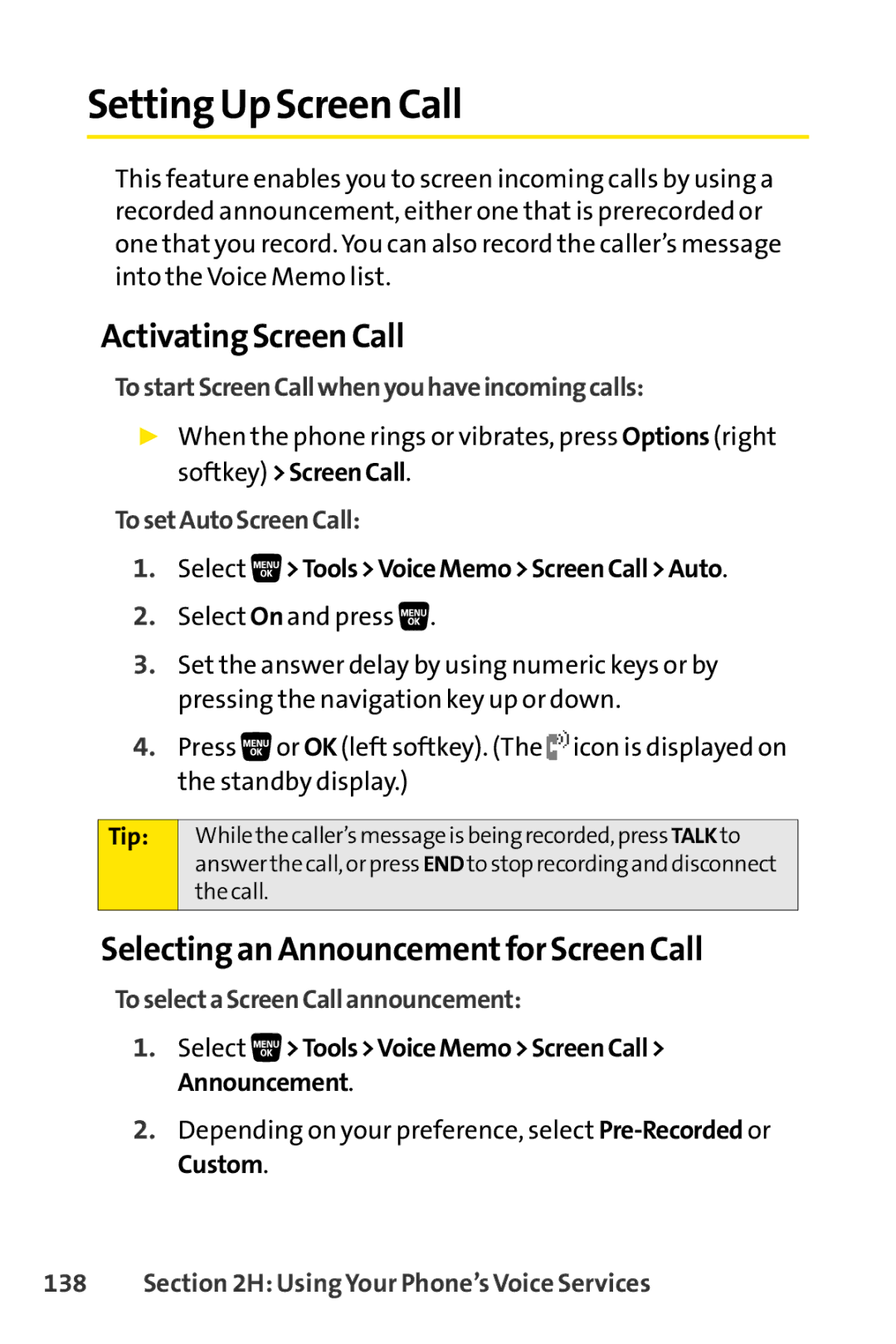 Sanyo SCP-3200 manual Setting Up Screen Call, Activating Screen Call, Selecting an Announcementfor Screen Call 