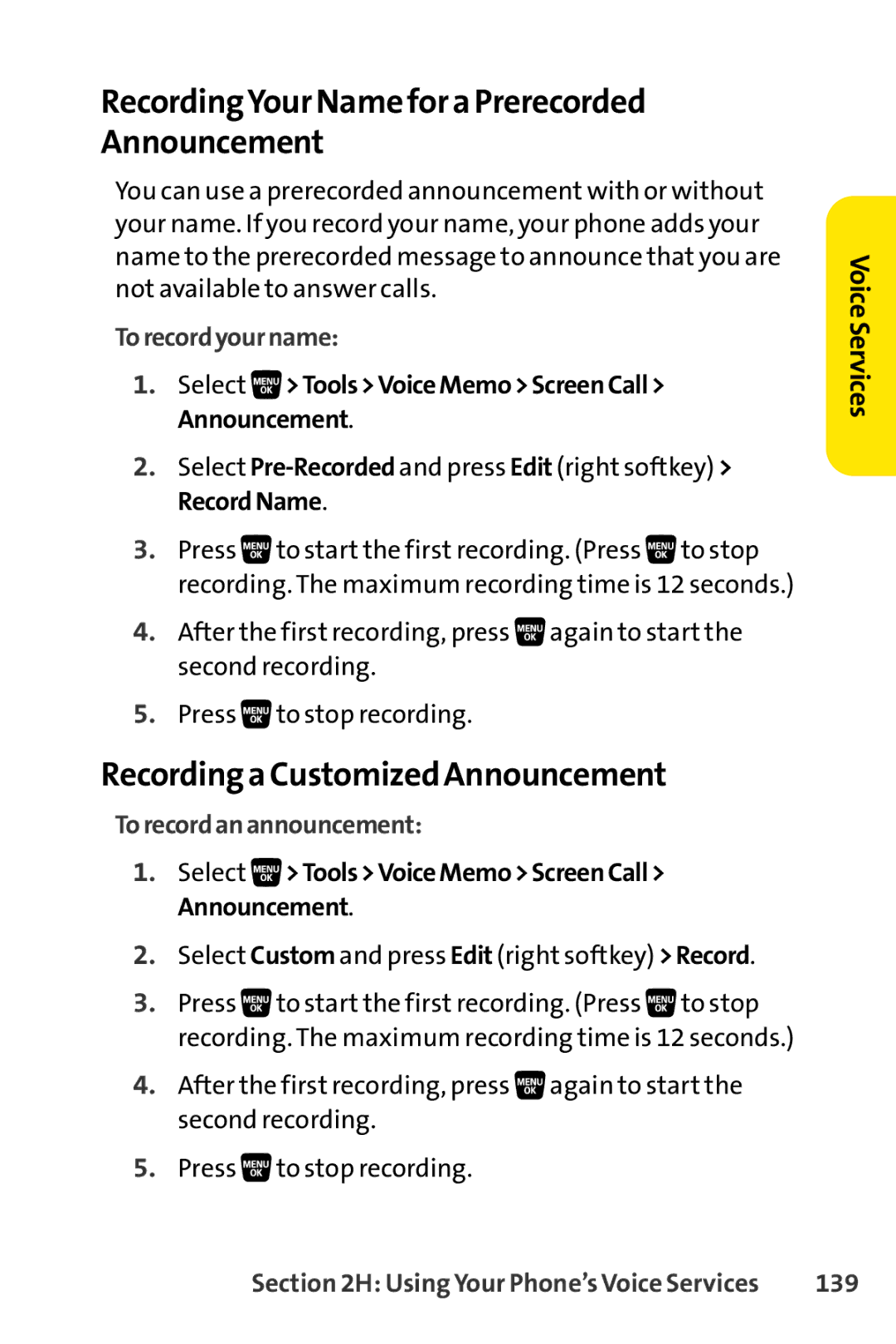 Sanyo SCP-3200 RecordingYour Name for a Prerecorded Announcement, Recording a Customized Announcement, Torecordyourname 