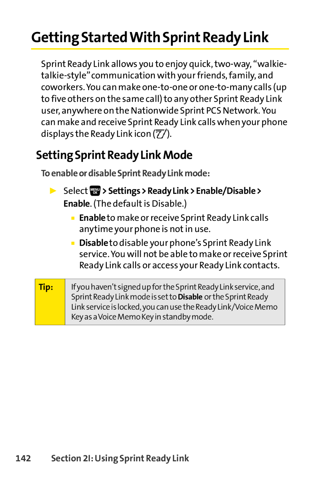 Sanyo SCP-3200 Getting StartedWith SprintReady Link, Setting SprintReady Link Mode, ToenableordisableSprintReadyLinkmode 