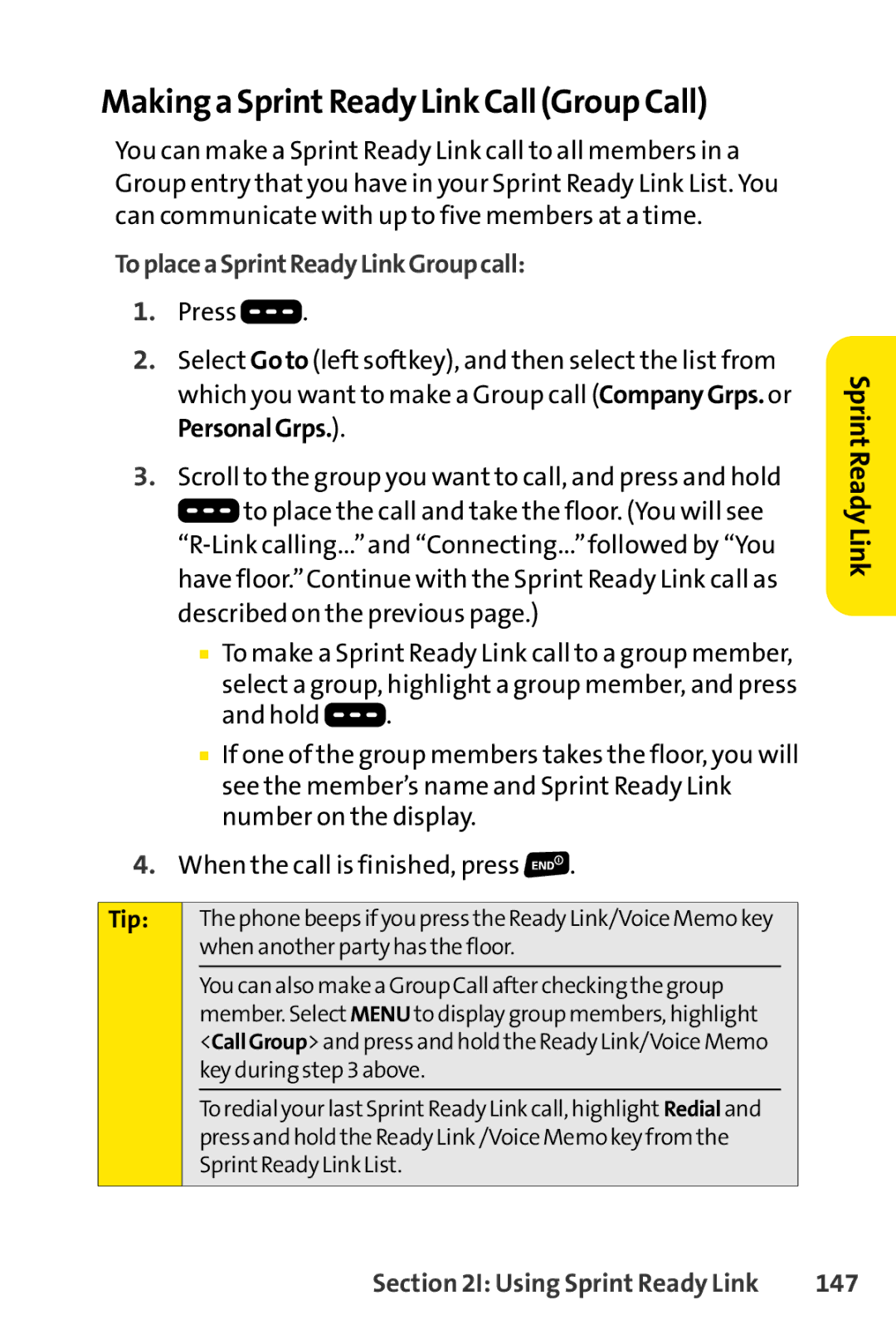 Sanyo SCP-3200 manual Making a SprintReady Link Call Group Call, ToplaceaSprintReadyLinkGroupcall, 147 