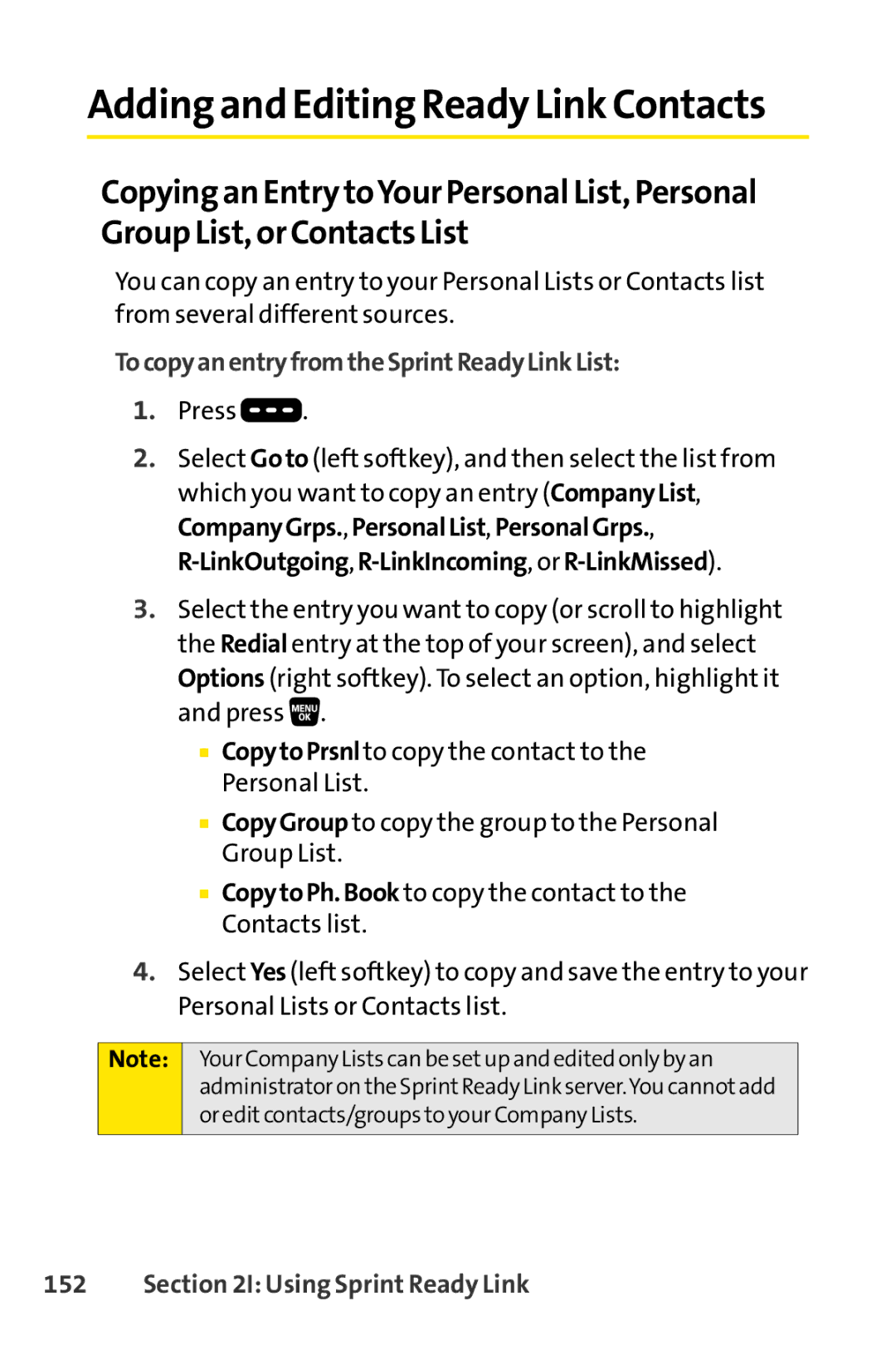 Sanyo SCP-3200 manual Adding and Editing Ready Link Contacts, TocopyanentryfromtheSprintReadyLinkList 