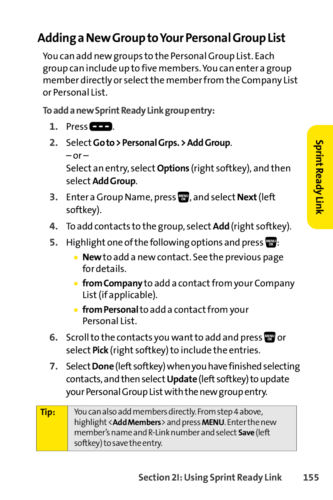 Sanyo SCP-3200 manual Adding a New Group toYour Personal Group List, ToaddanewSprintReadyLinkgroupentry, 155 