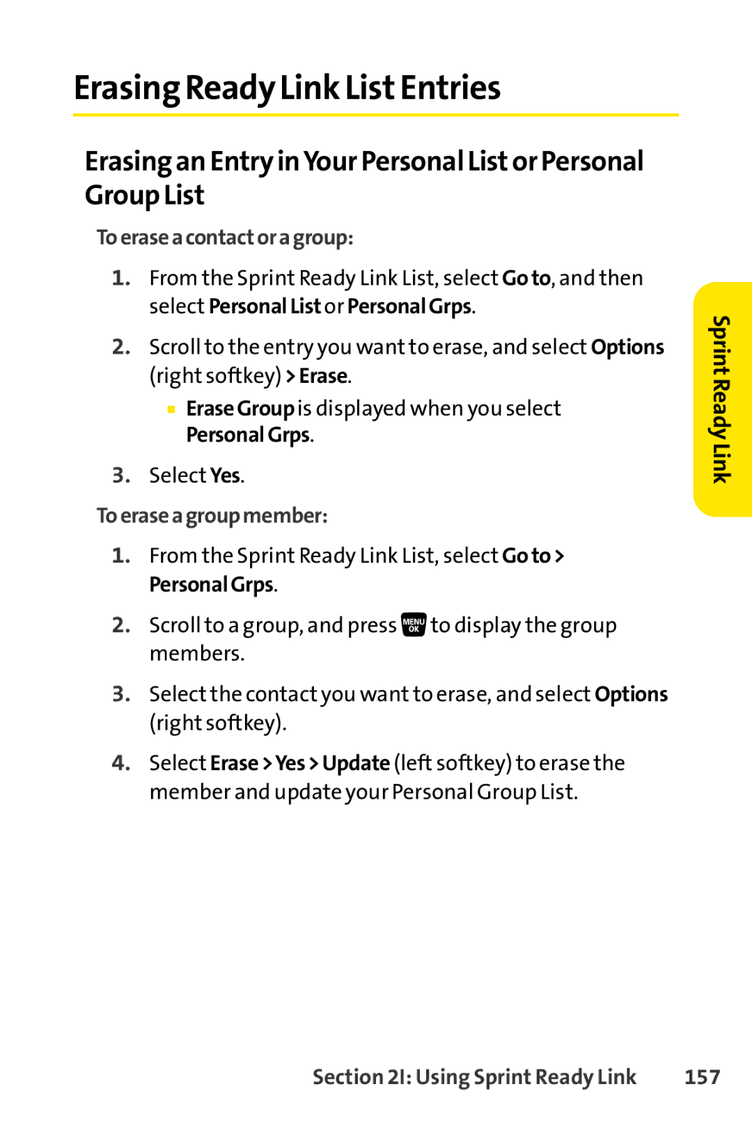 Sanyo SCP-3200 manual Erasing Ready Link ListEntries, Erasing an Entry inYour Personal Listor Personal Group List, 157 