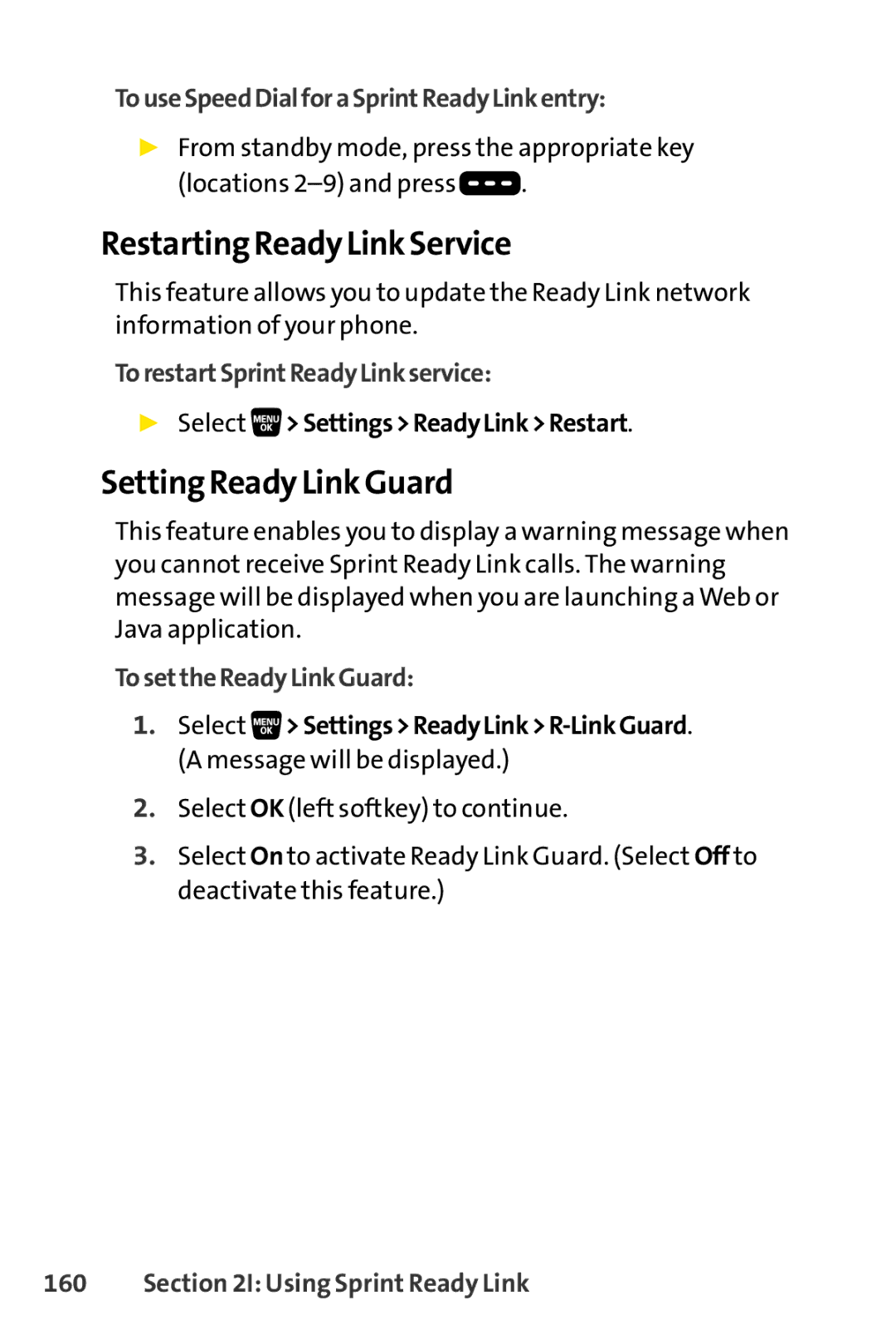 Sanyo SCP-3200 manual Restarting Ready Link Service, Setting Ready Link Guard, TouseSpeedDialforaSprintReadyLinkentry 