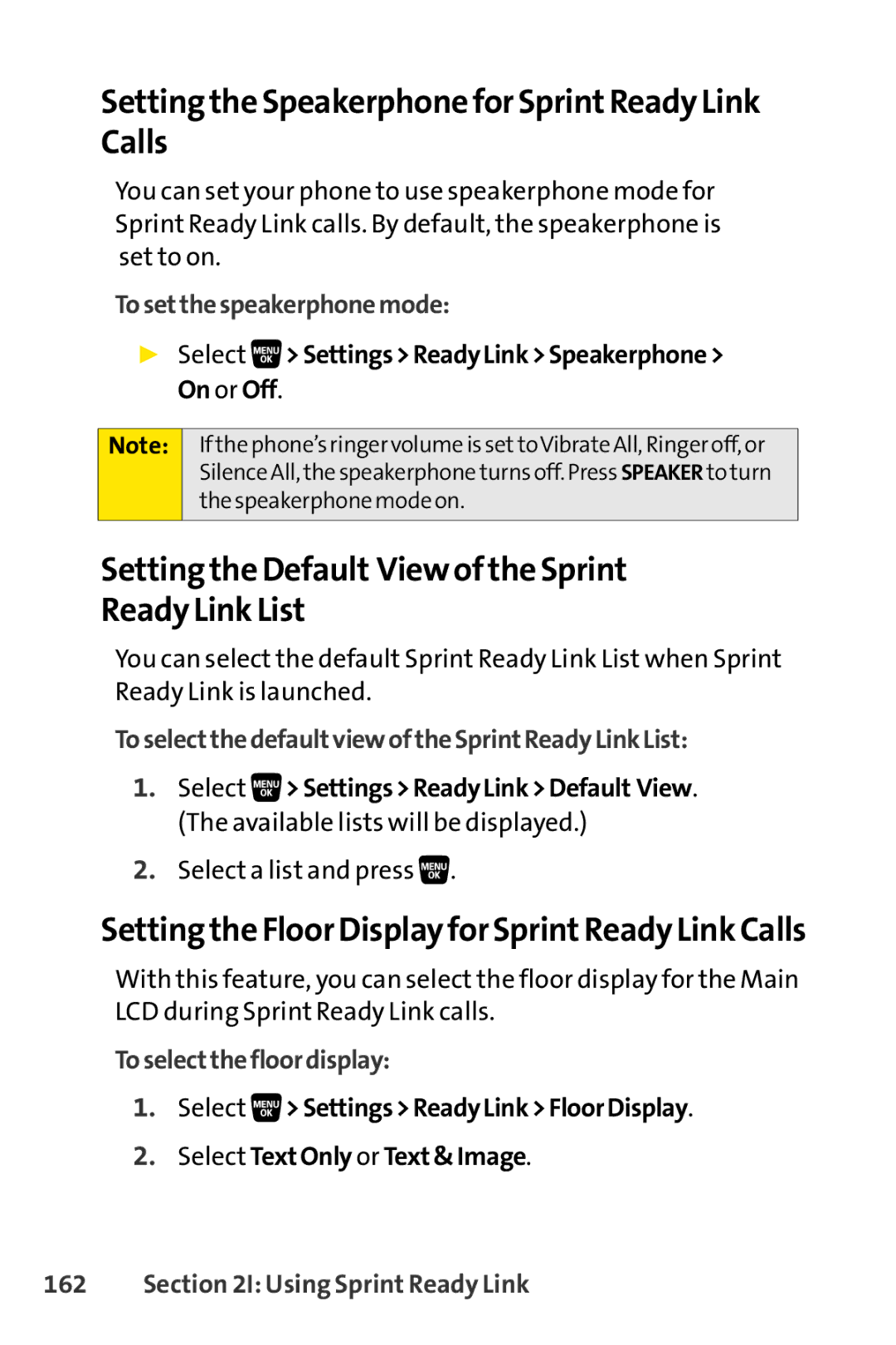 Sanyo SCP-3200 Setting the Speakerphone for SprintReady Link Calls, Setting the Default Viewof the Sprint Ready Link List 