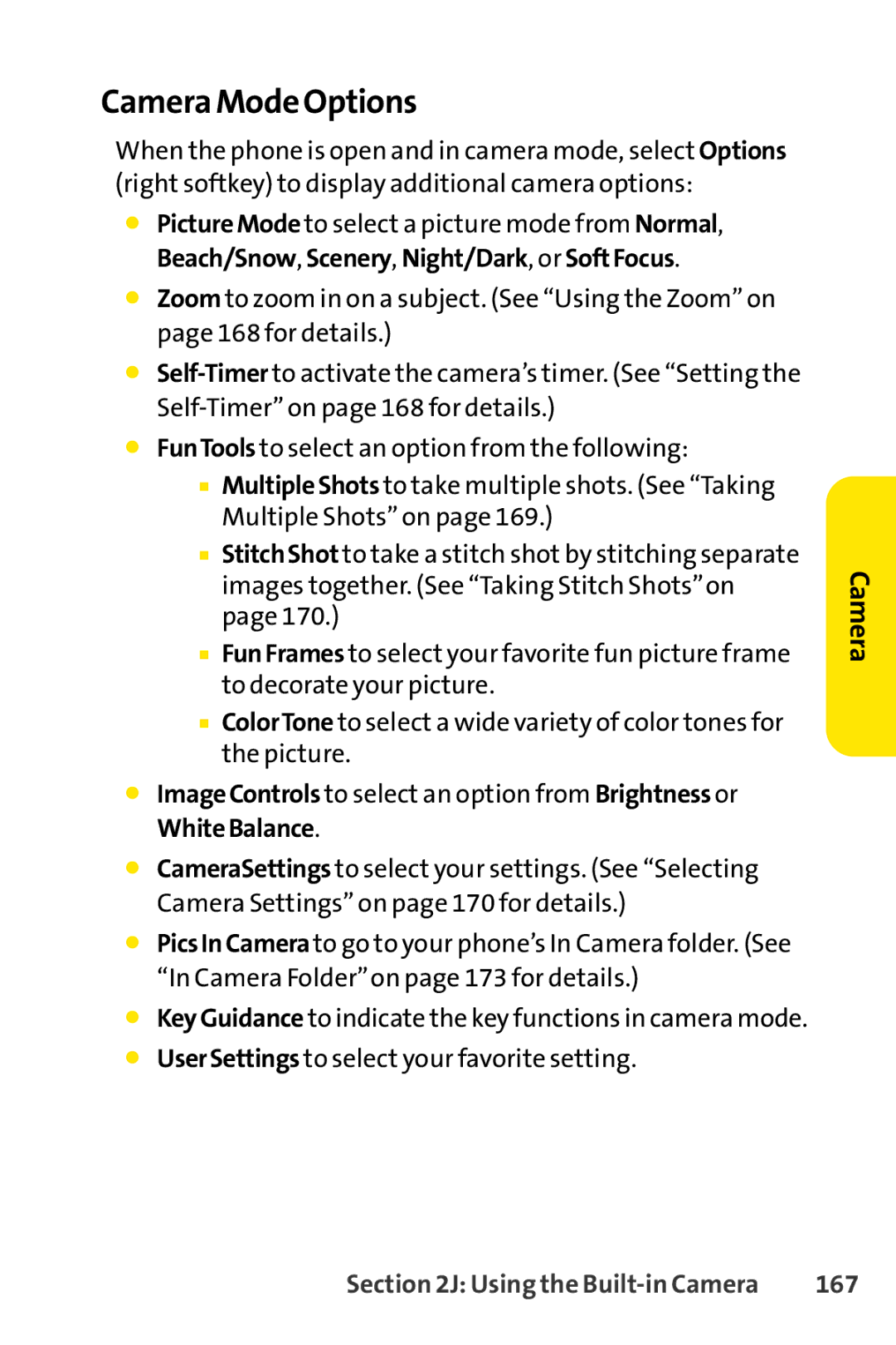 Sanyo SCP-3200 manual Camera Mode Options, 167 