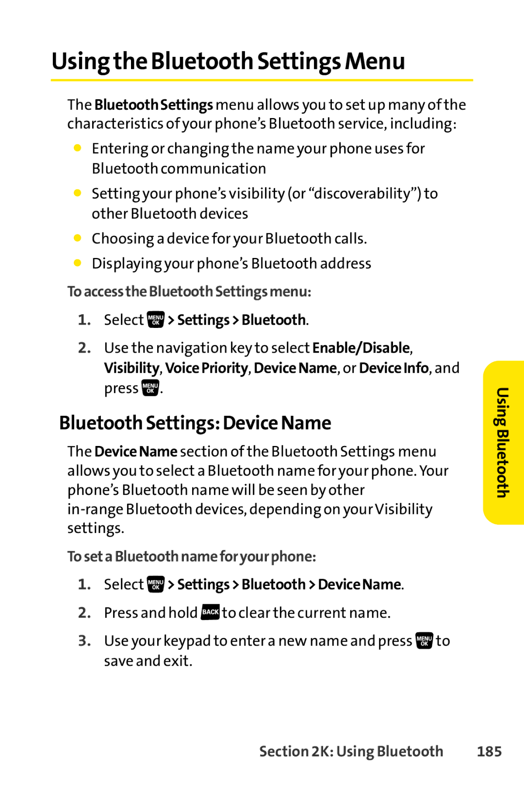 Sanyo SCP-3200 Using the Bluetooth Settings Menu, Bluetooth Settings Device Name, ToaccesstheBluetoothSettingsmenu, 185 