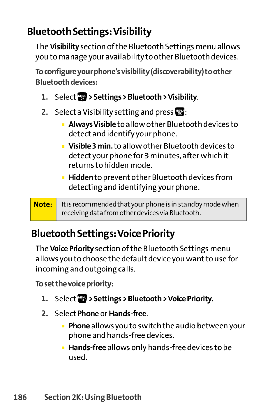 Sanyo SCP-3200 manual Bluetooth SettingsVisibility, Bluetooth SettingsVoice Priority, Select SettingsBluetoothVisibility 