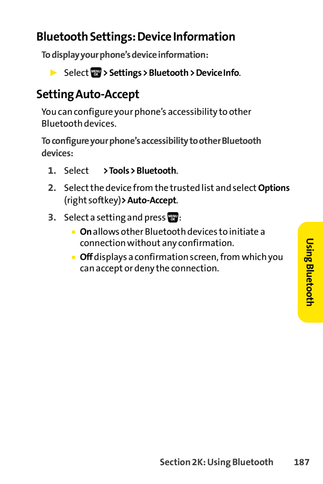 Sanyo SCP-3200 Bluetooth Settings Device Information, Setting Auto-Accept, Todisplayyourphone’sdeviceinformation, 187 