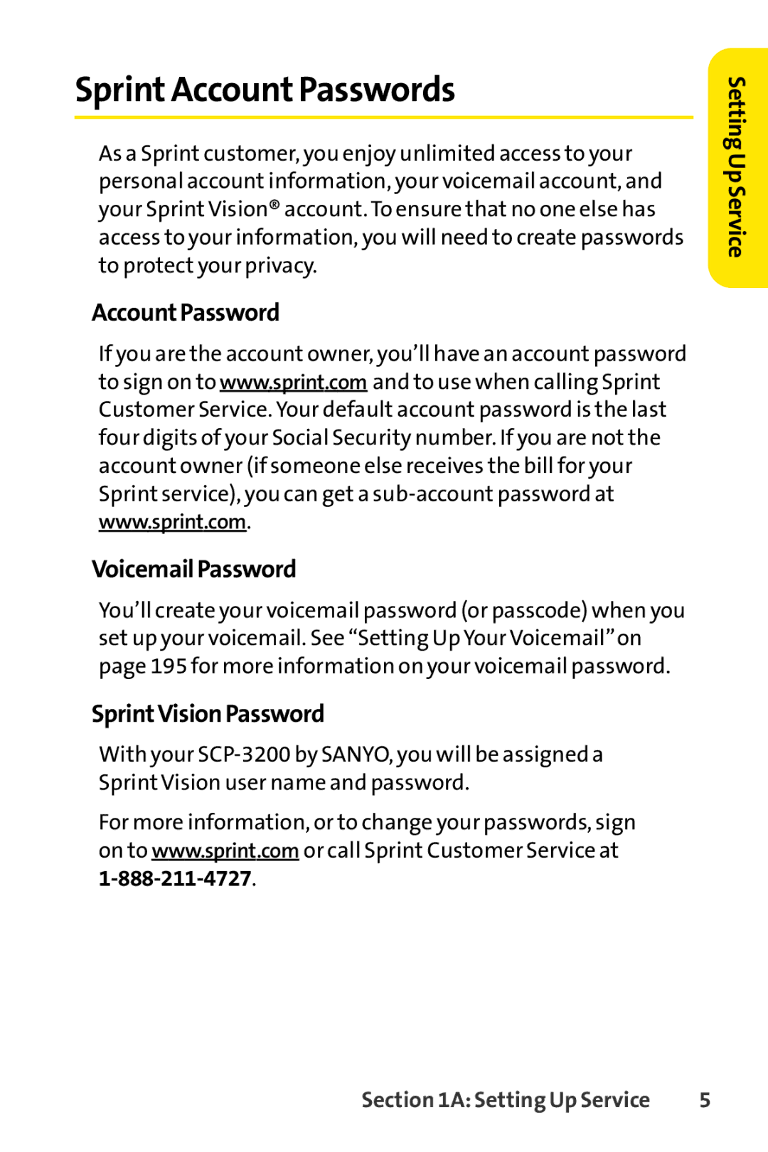 Sanyo SCP-3200 manual Sprint Account Passwords, Account Password VoicemailPassword, SprintVisionPassword 