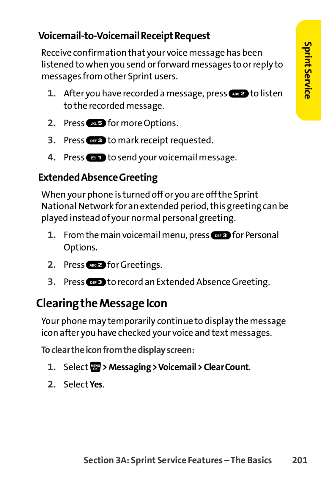 Sanyo SCP-3200 manual Clearing the Message Icon, Voicemail-to-VoicemailReceiptRequest, ExtendedAbsenceGreeting, 201 