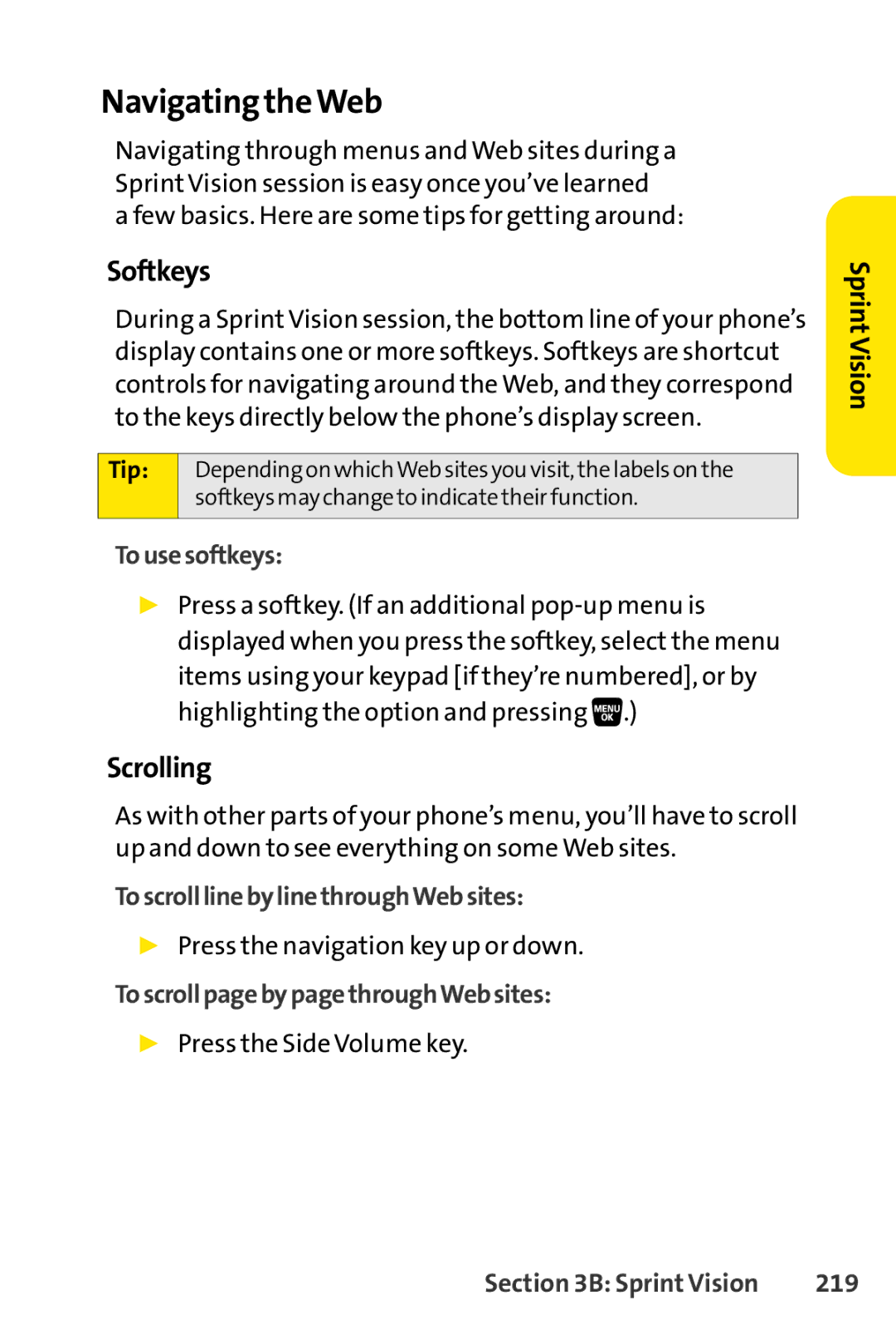 Sanyo SCP-3200 manual Navigating theWeb, Softkeys, Scrolling 