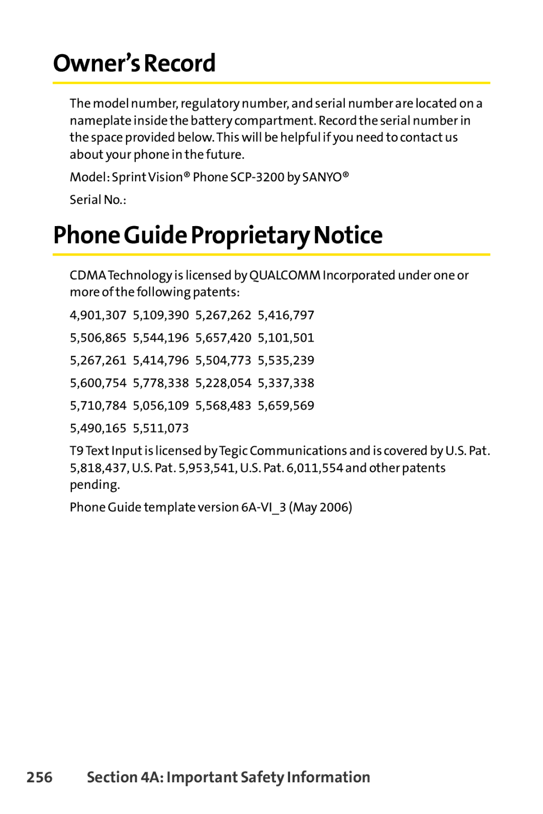 Sanyo SCP-3200 manual Owner’s Record, Phone Guide Proprietary Notice 