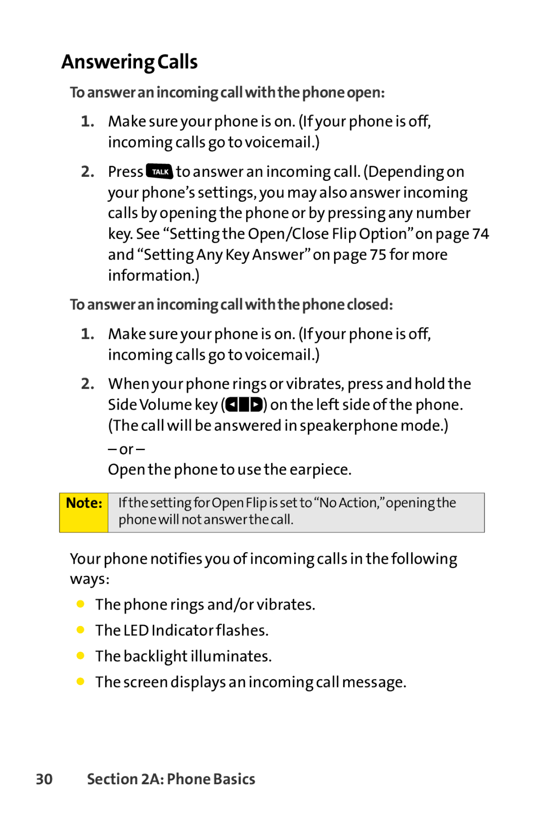 Sanyo SCP-3200 manual Answering Calls, Toansweranincomingcallwiththephoneopen, Toansweranincomingcallwiththephoneclosed 