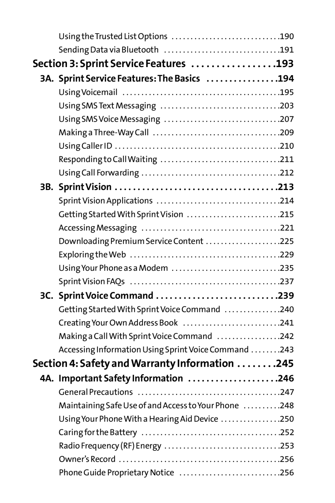 Sanyo SCP-3200 manual 194, 3B. SprintVision, 3C. SprintVoice Command, 4A. Important Safety Information 