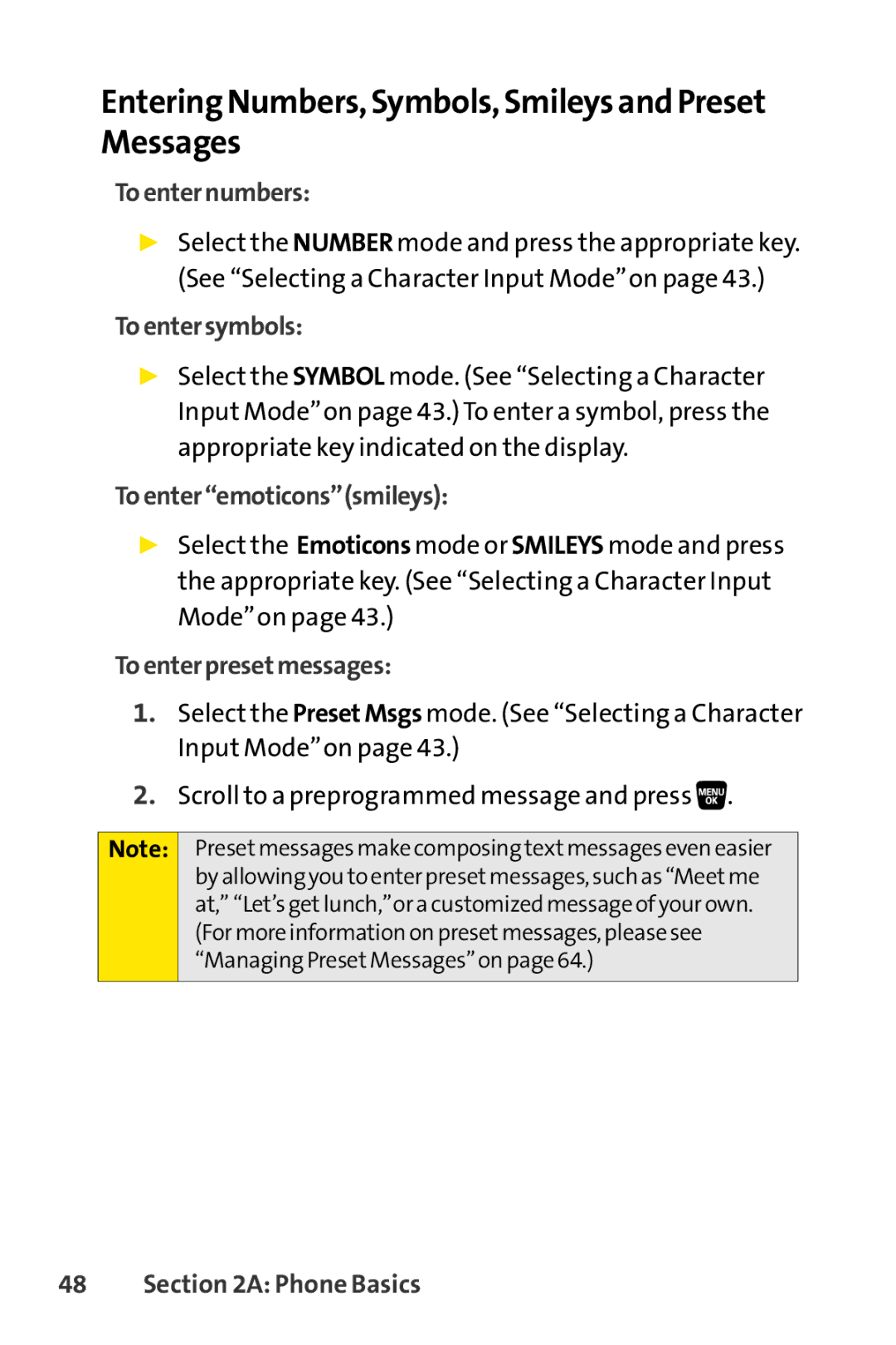 Sanyo SCP-3200 manual Entering Numbers, Symbols, Smileys and Preset Messages, Toenternumbers, Toentersymbols 