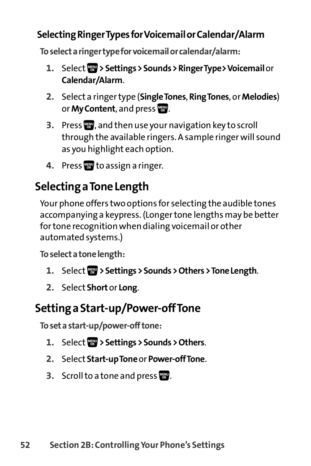 Sanyo SCP-3200 Selecting aTone Length, Setting a Start-up/Power-offTone, SelectingRingerTypesforVoicemailorCalendar/Alarm 