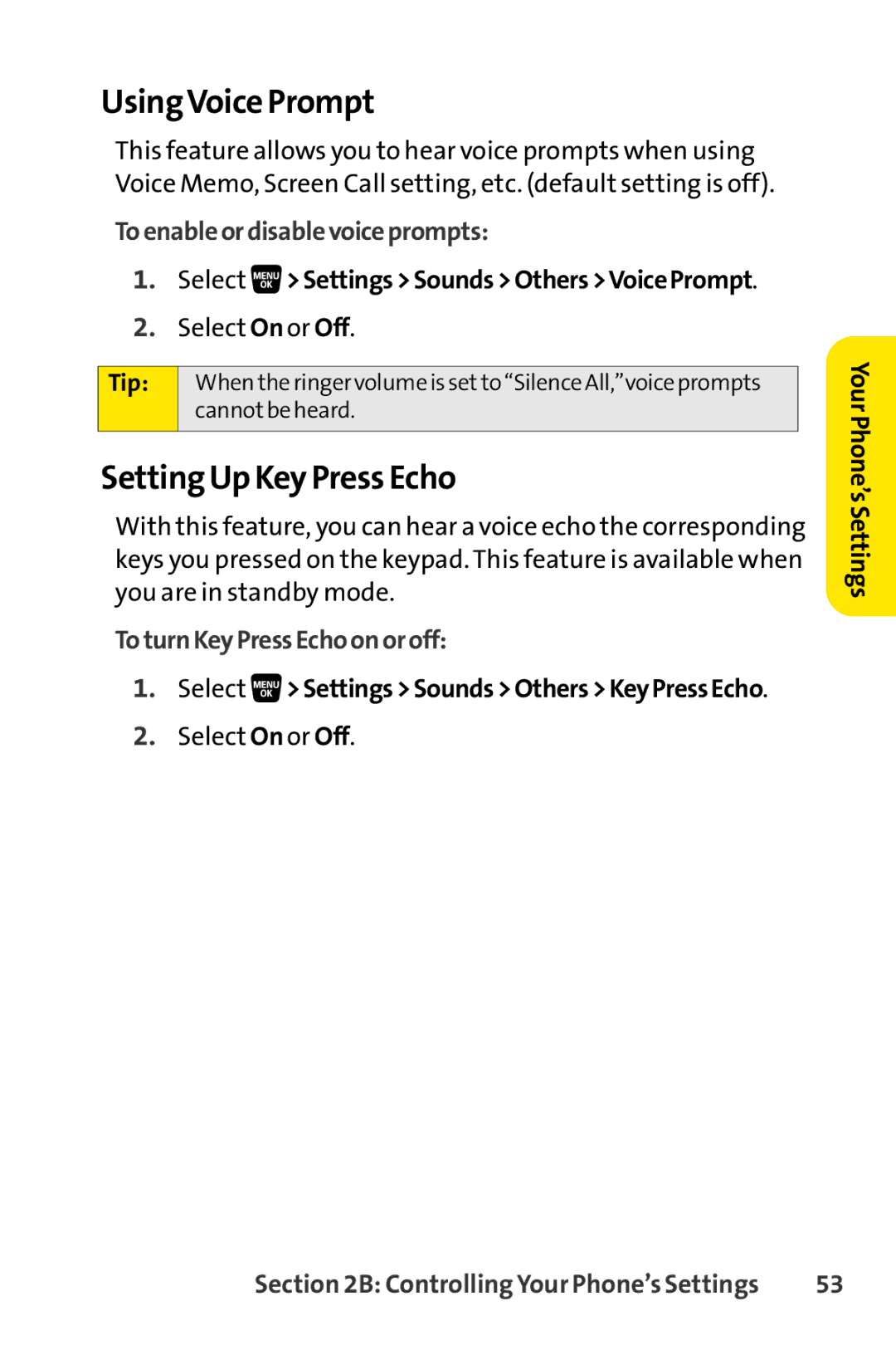 Sanyo SCP-3200 UsingVoice Prompt, Setting Up Key Press Echo, Toenableordisablevoiceprompts, ToturnKeyPressEchoonoroff 