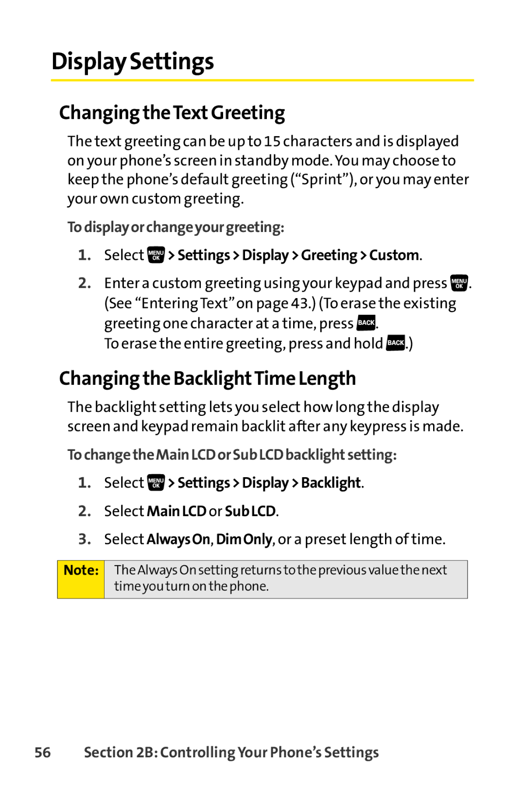 Sanyo SCP-3200 manual Display Settings, Changing theTextGreeting, Changing the BacklightTime Length 