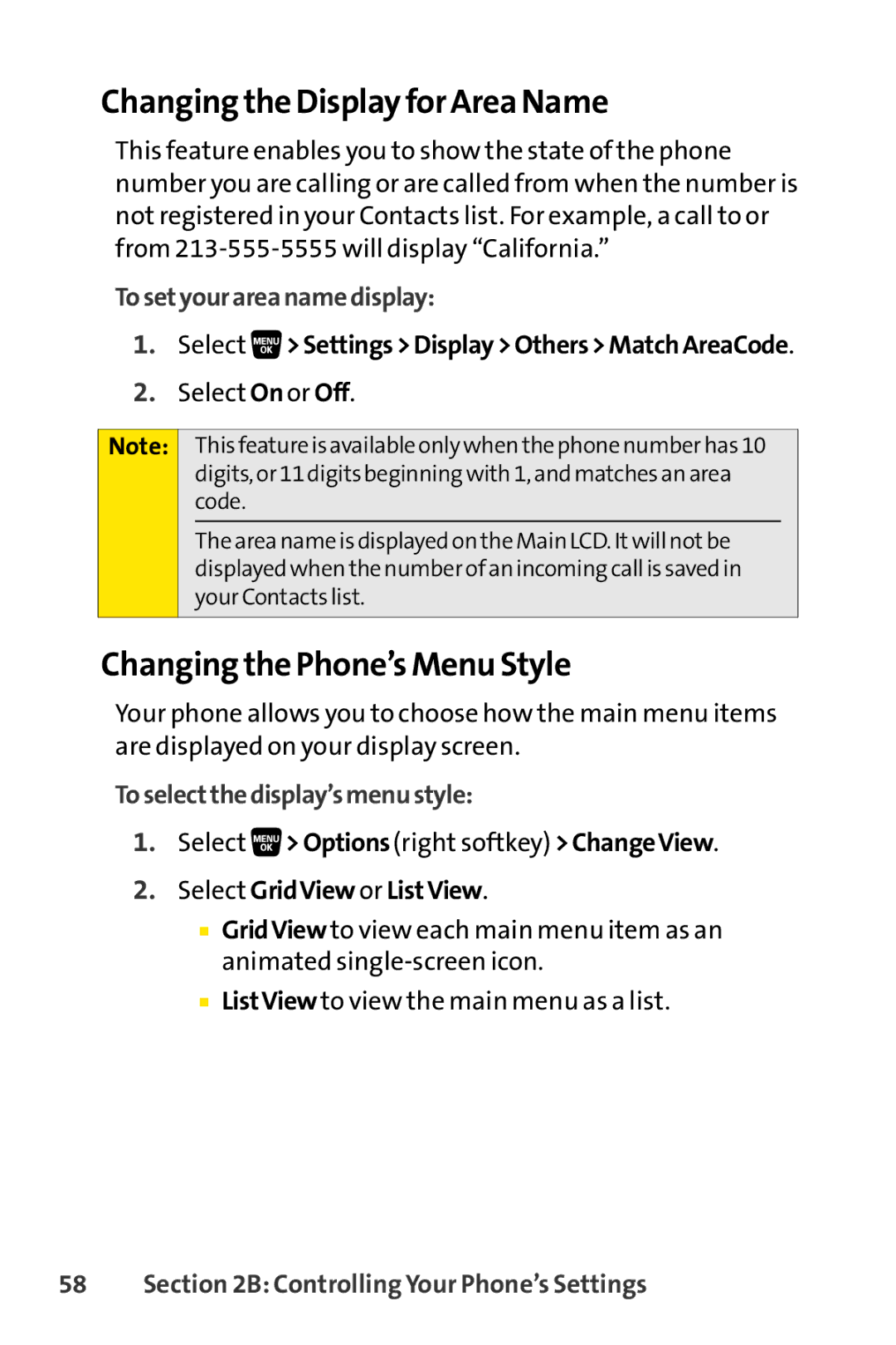 Sanyo SCP-3200 manual Changing the Display for Area Name, Changing the Phone’s Menu Style, Tosetyourareanamedisplay 