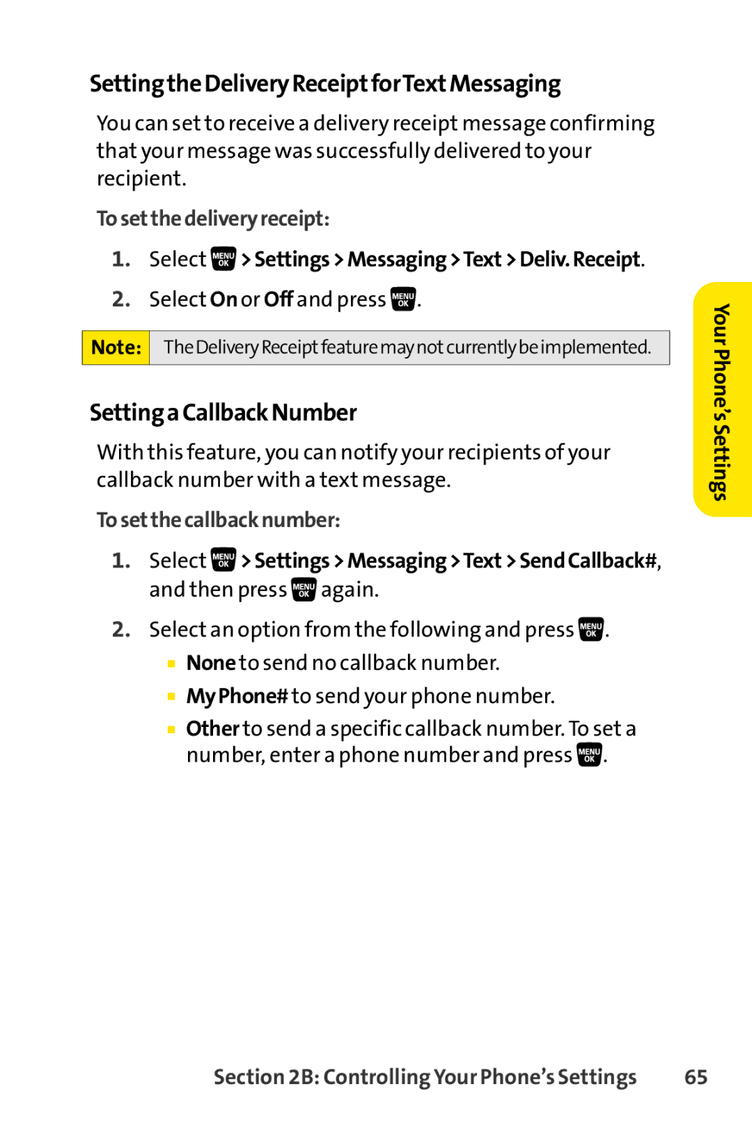 Sanyo SCP-3200 manual SettingtheDeliveryReceiptforTextMessaging, SettingaCallbackNumber, Tosetthedeliveryreceipt 