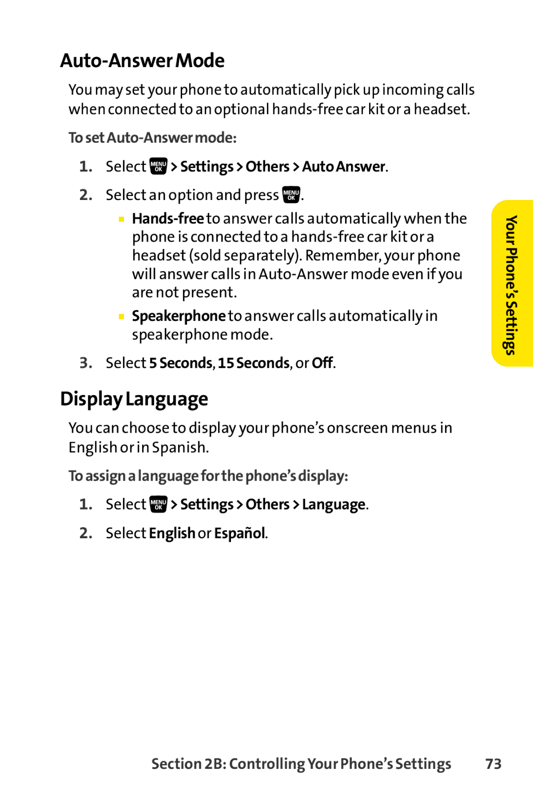 Sanyo SCP-3200 manual Auto-Answer Mode, Display Language, TosetAuto-Answermode, Toassignalanguageforthephone’sdisplay 