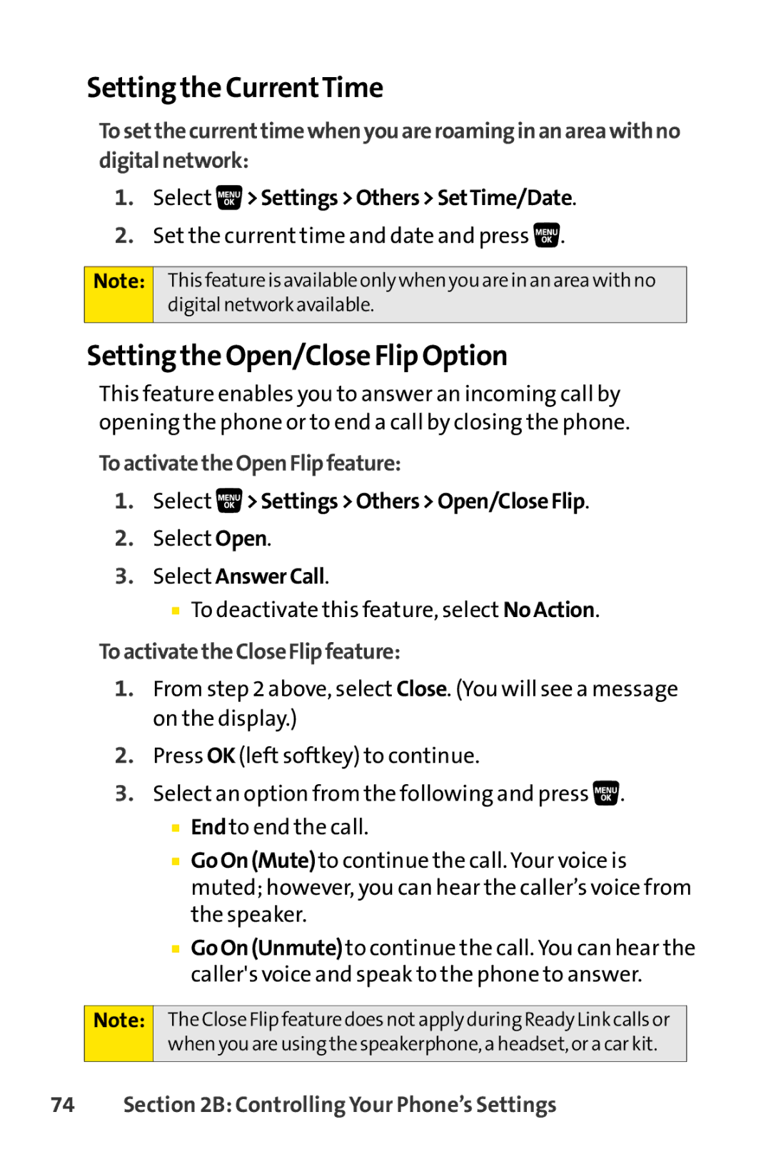 Sanyo SCP-3200 manual Setting the CurrentTime, Setting the Open/Close Flip Option, ToactivatetheOpenFlipfeature 