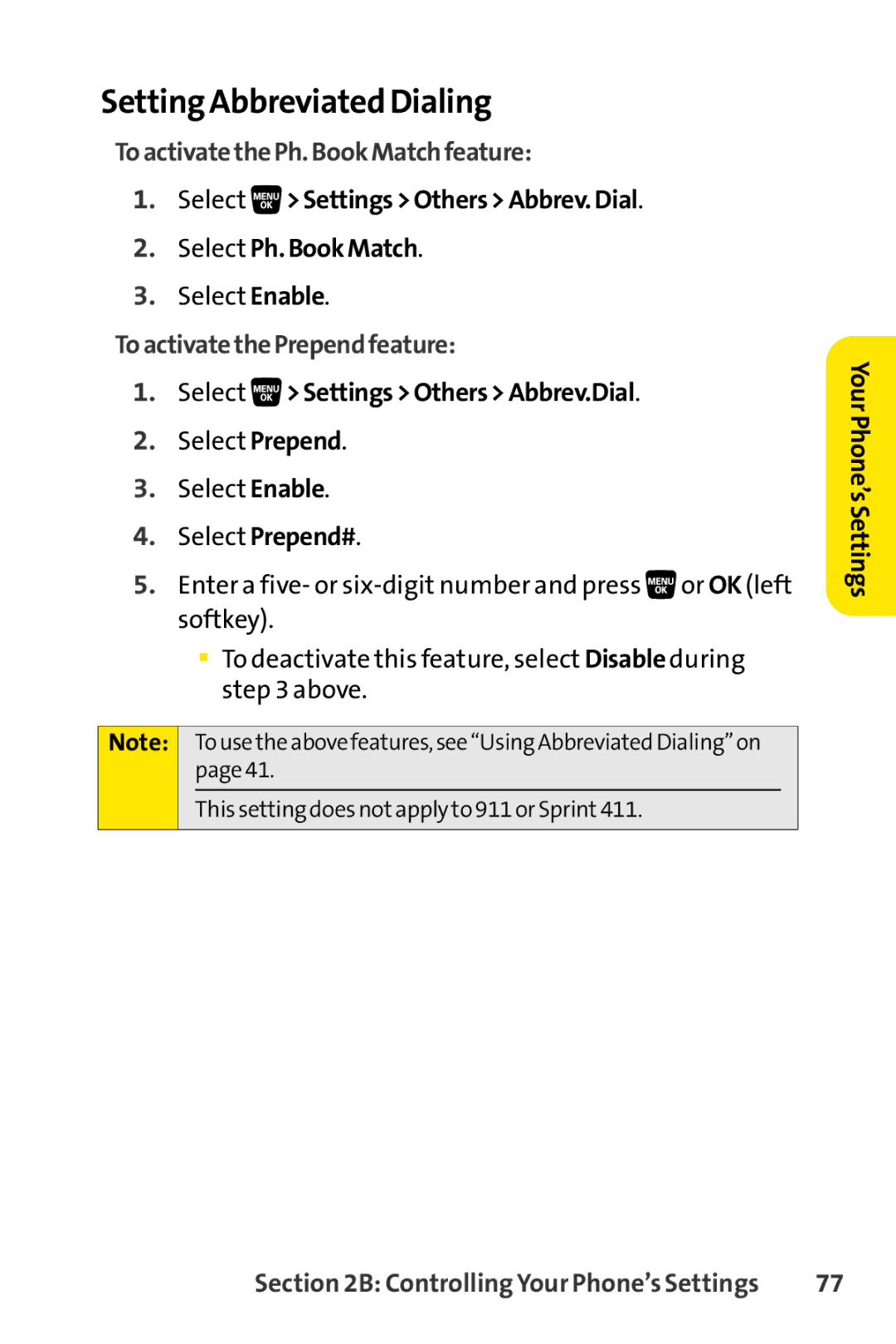 Sanyo SCP-3200 manual Setting Abbreviated Dialing, ToactivatethePh.BookMatchfeature, ToactivatethePrependfeature 