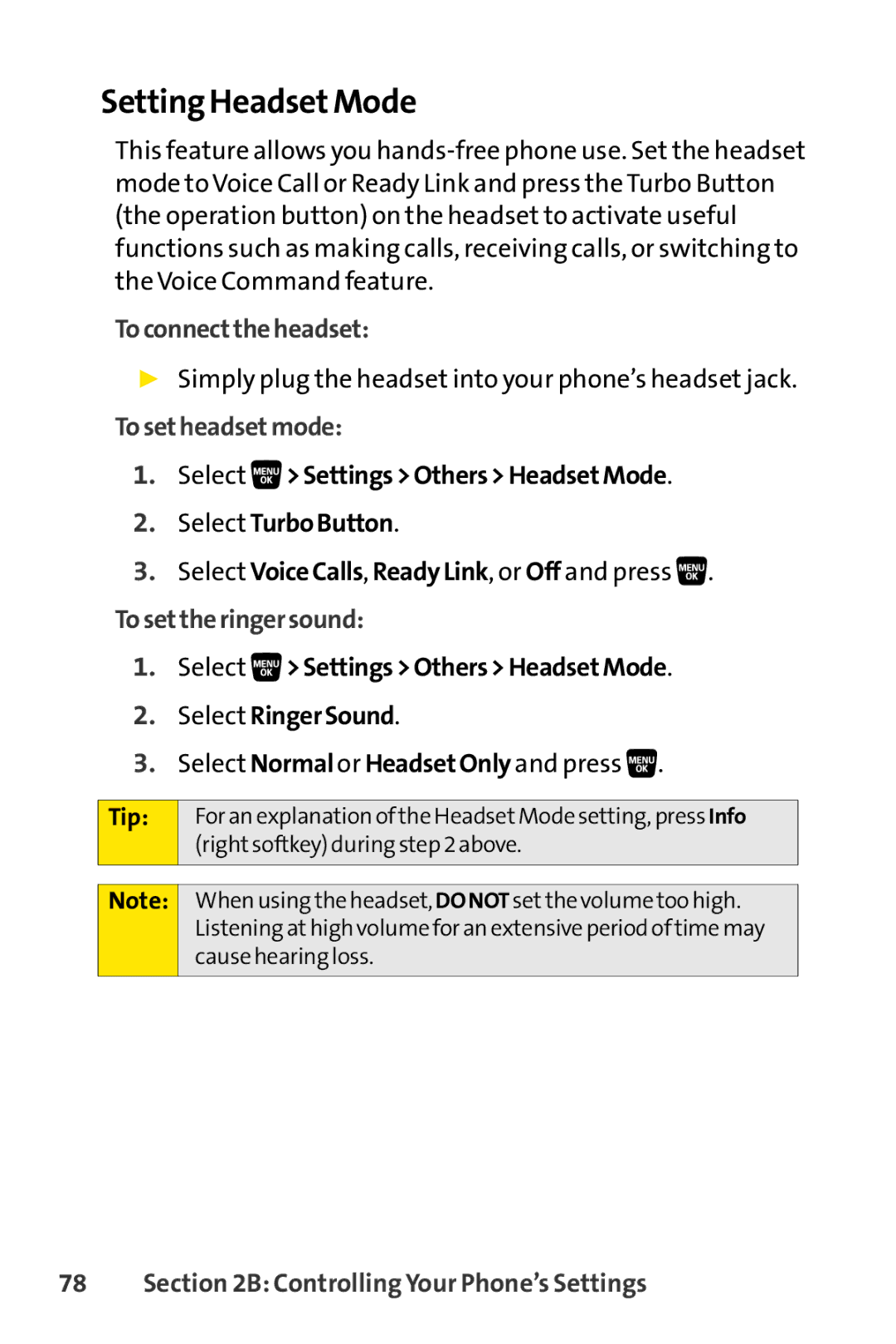 Sanyo SCP-3200 manual Setting HeadsetMode, Toconnecttheheadset, Tosetheadsetmode, Tosettheringersound 