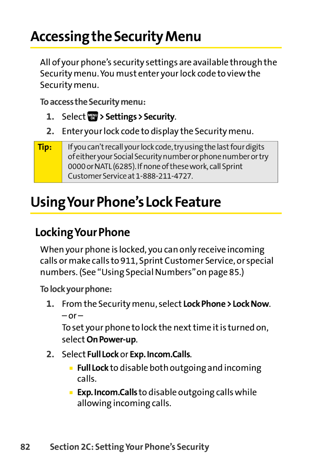 Sanyo SCP-3200 manual Accessing the Security Menu, UsingYour Phone’sLock Feature, LockingYour Phone 