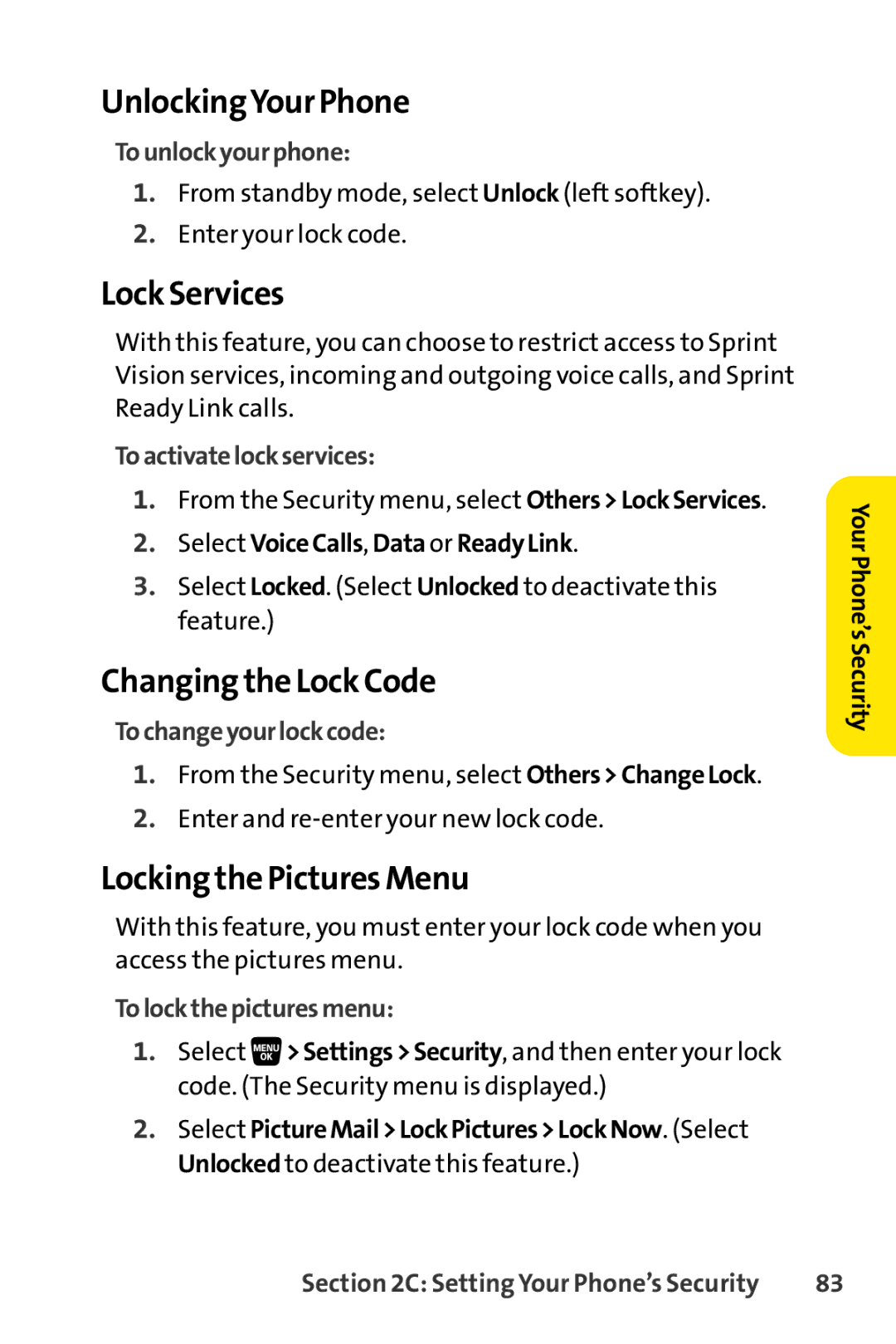 Sanyo SCP-3200 manual UnlockingYour Phone, Lock Services, Changing the Lock Code, Locking the Pictures Menu 