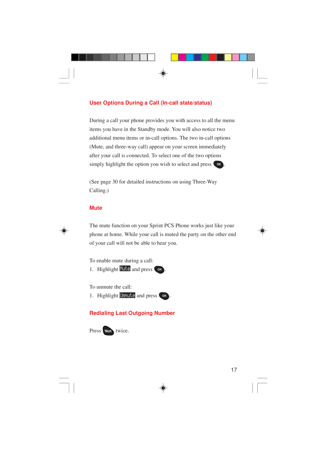 Sanyo SCP-4000 manual User Options During a Call In-call state/status, Mute, Redialing Last Outgoing Number 