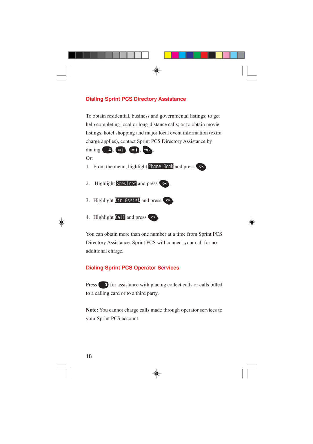 Sanyo SCP-4000 manual Dialing Sprint PCS Directory Assistance, Dialing Sprint PCS Operator Services 