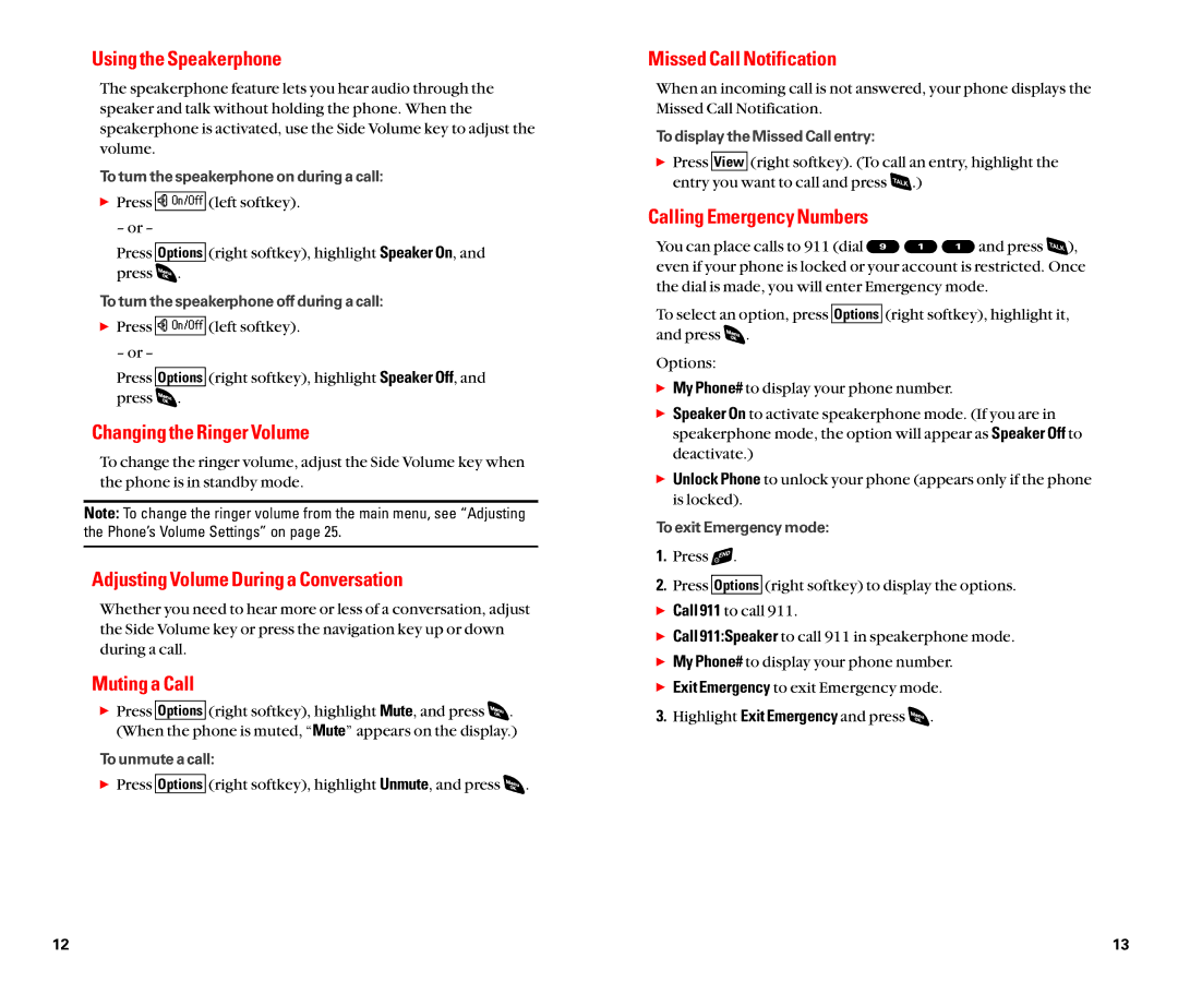 Sanyo SCP-4920 Using the Speakerphone, Missed Call Notification, Calling Emergency Numbers, Changing the Ringer Volume 