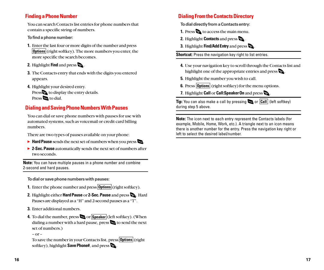 Sanyo SCP-4920 Finding a Phone Number, Dialing and Saving Phone Numbers With Pauses, Dialing From the Contacts Directory 