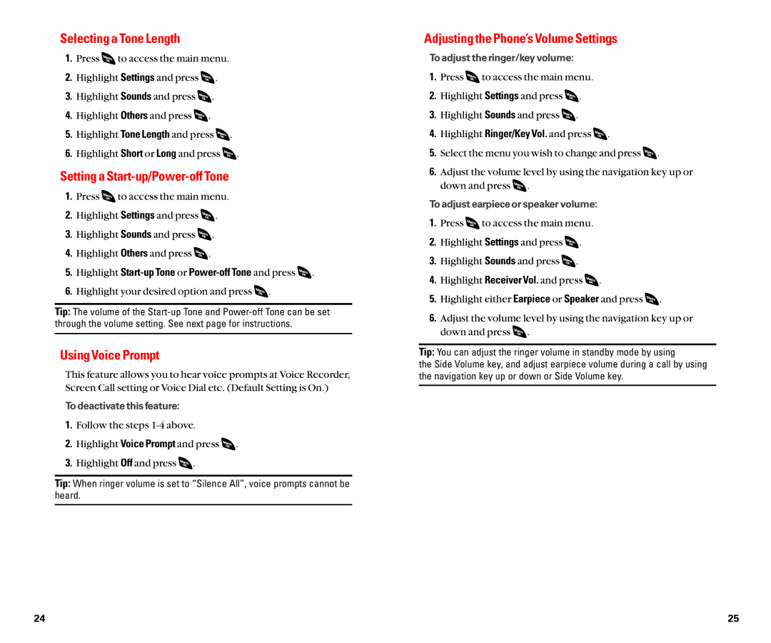 Sanyo SCP-4920 manual Selecting a Tone Length, Setting a Start-up/Power-off Tone, Using Voice Prompt 