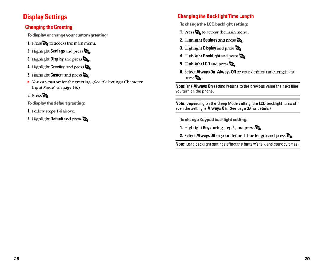 Sanyo SCP-4920 manual Display Settings, Changing the Greeting, Changing the Backlight Time Length 