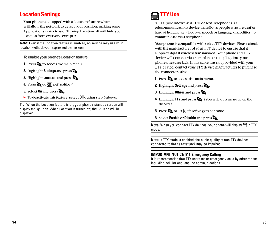 Sanyo SCP-4920 manual Location Settings, TTY Use, Important Notice 911 Emergency Calling 