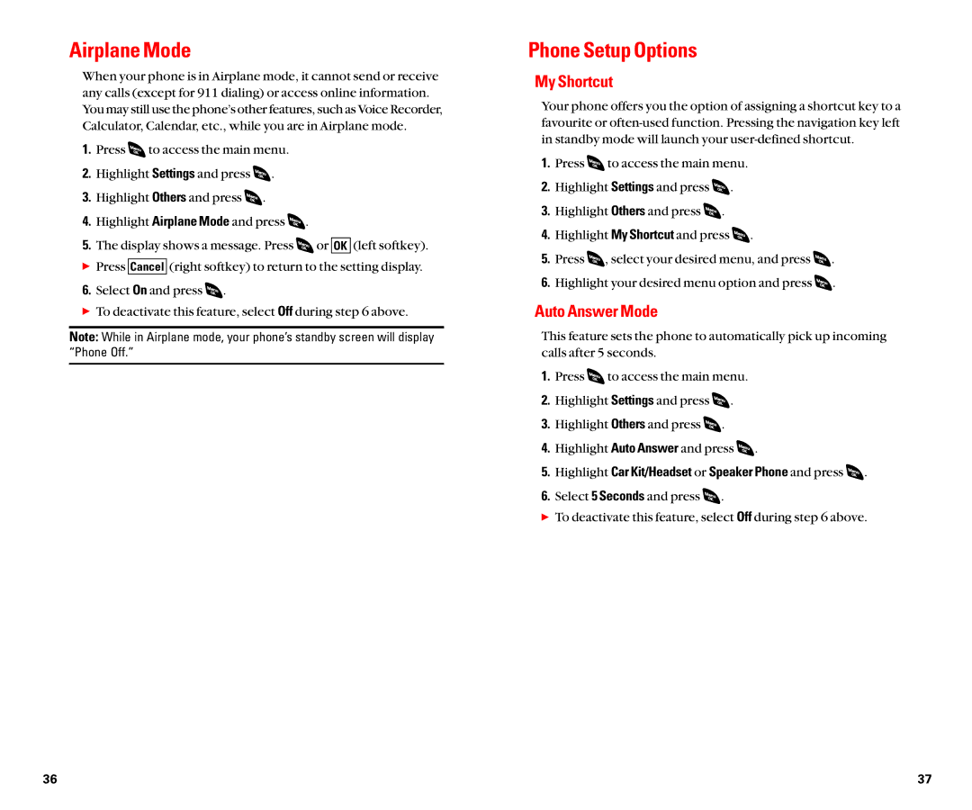 Sanyo SCP-4920 manual Airplane Mode, Phone Setup Options, My Shortcut, Auto Answer Mode 