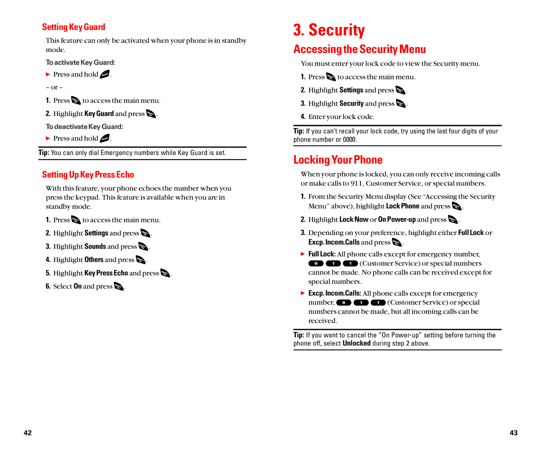 Sanyo SCP-4920 manual Accessing the Security Menu, Locking Your Phone, Setting Key Guard, Setting Up Key Press Echo 