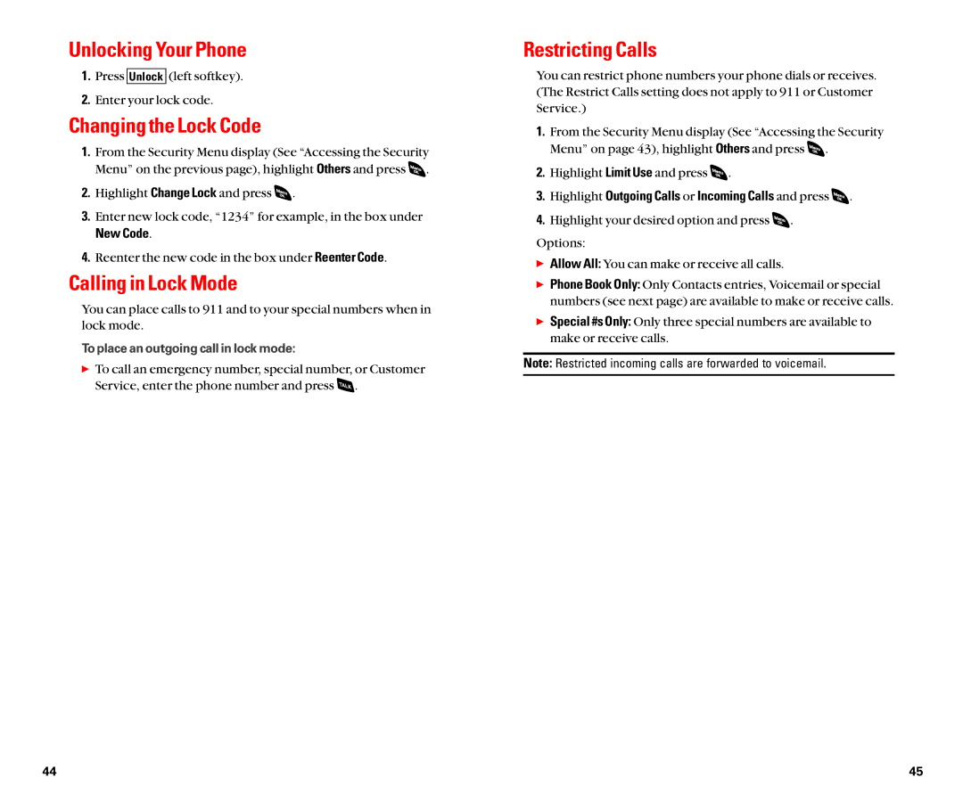 Sanyo SCP-4920 manual Unlocking Your Phone, Changing the Lock Code, Calling in Lock Mode, Restricting Calls 